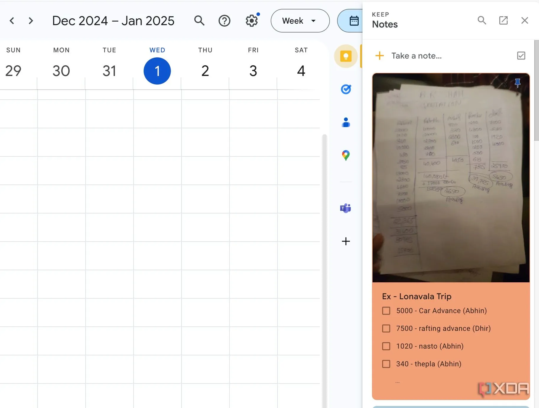 Màn hình Google Calendar hiển thị bảng điều khiển bên với tích hợp Google Keep, giúp ghi chú nhanh chóng