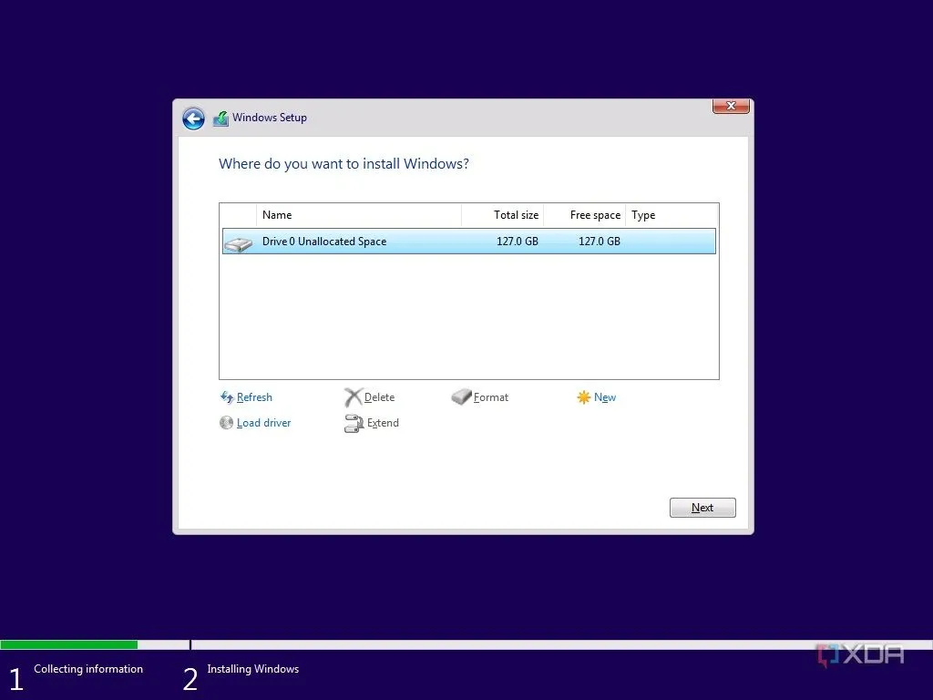 Màn hình hiển thị danh sách các ổ đĩa và phân vùng, cho phép chọn nơi cài đặt Windows 11