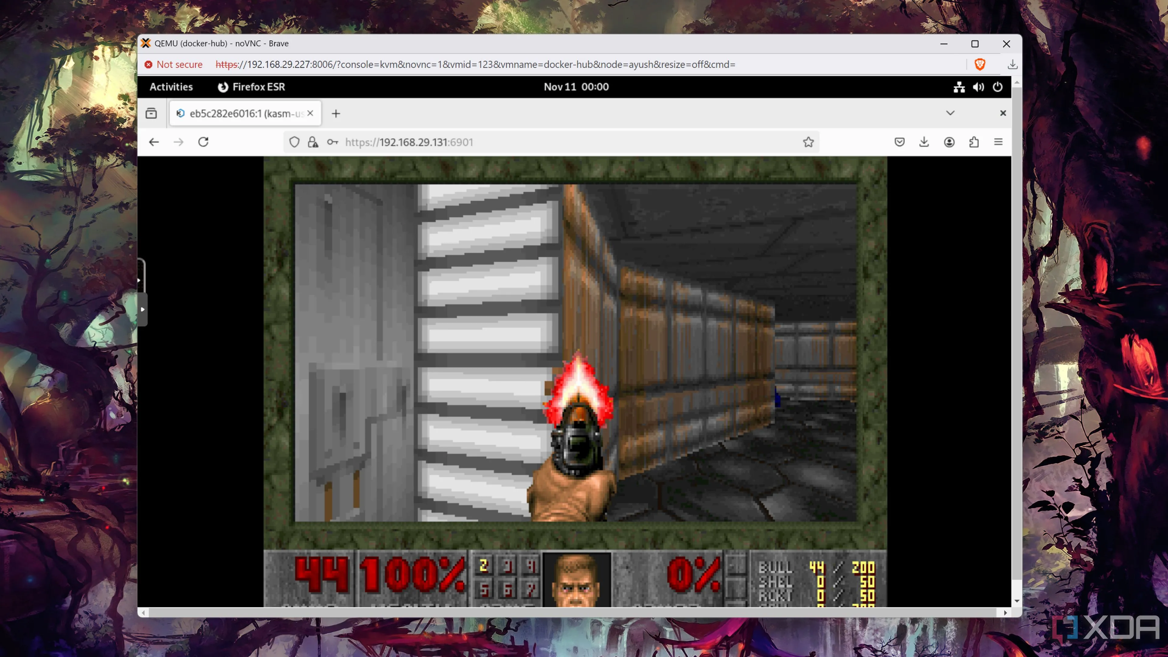 Màn hình hiển thị gameplay kinh điển của DOOM, tựa game FPS huyền thoại đang chạy trong môi trường Docker container.