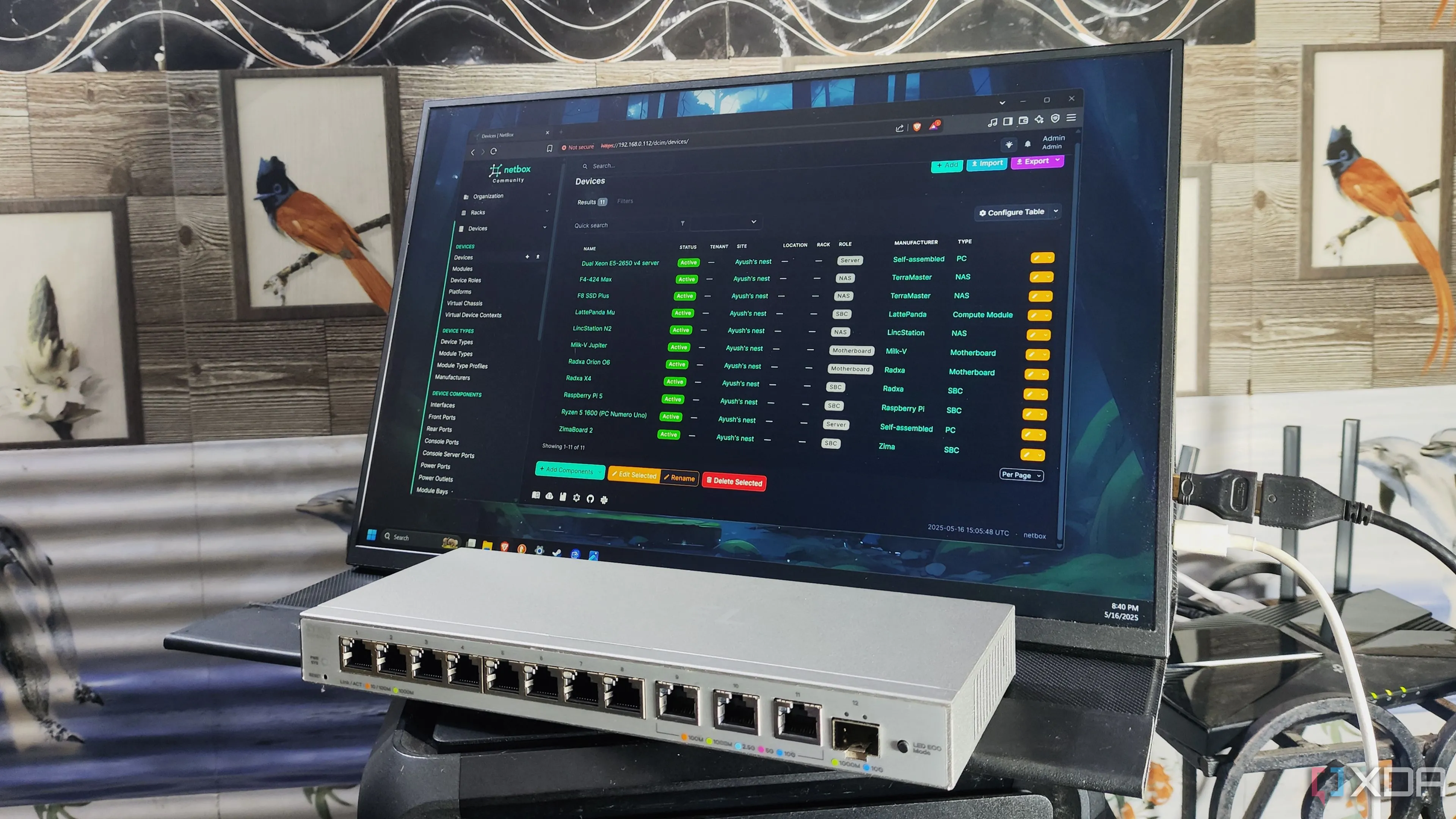 Màn hình hiển thị giao diện NetBox, một công cụ quản lý hạ tầng mạng home lab.