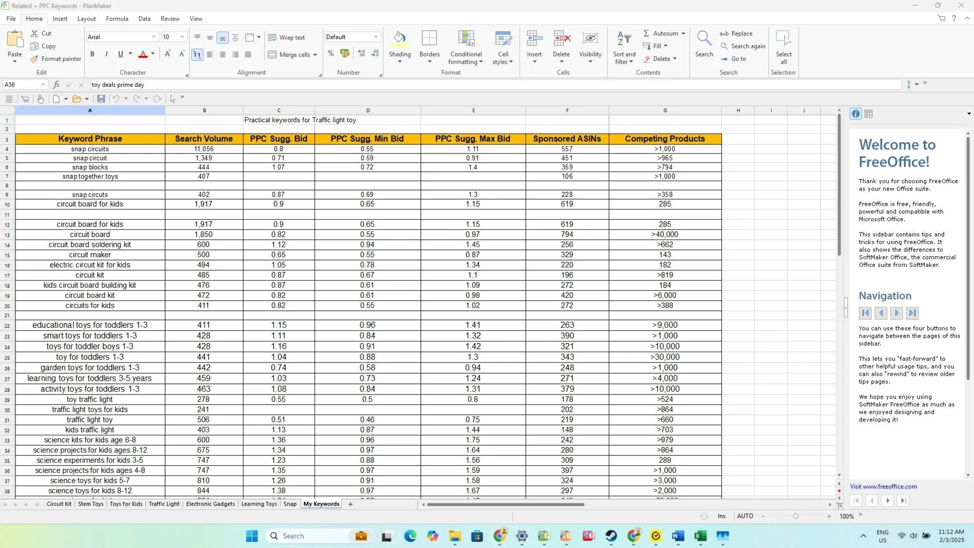 Màn hình làm việc của SoftMaker PlanMaker, phần mềm bảng tính trong FreeOffice