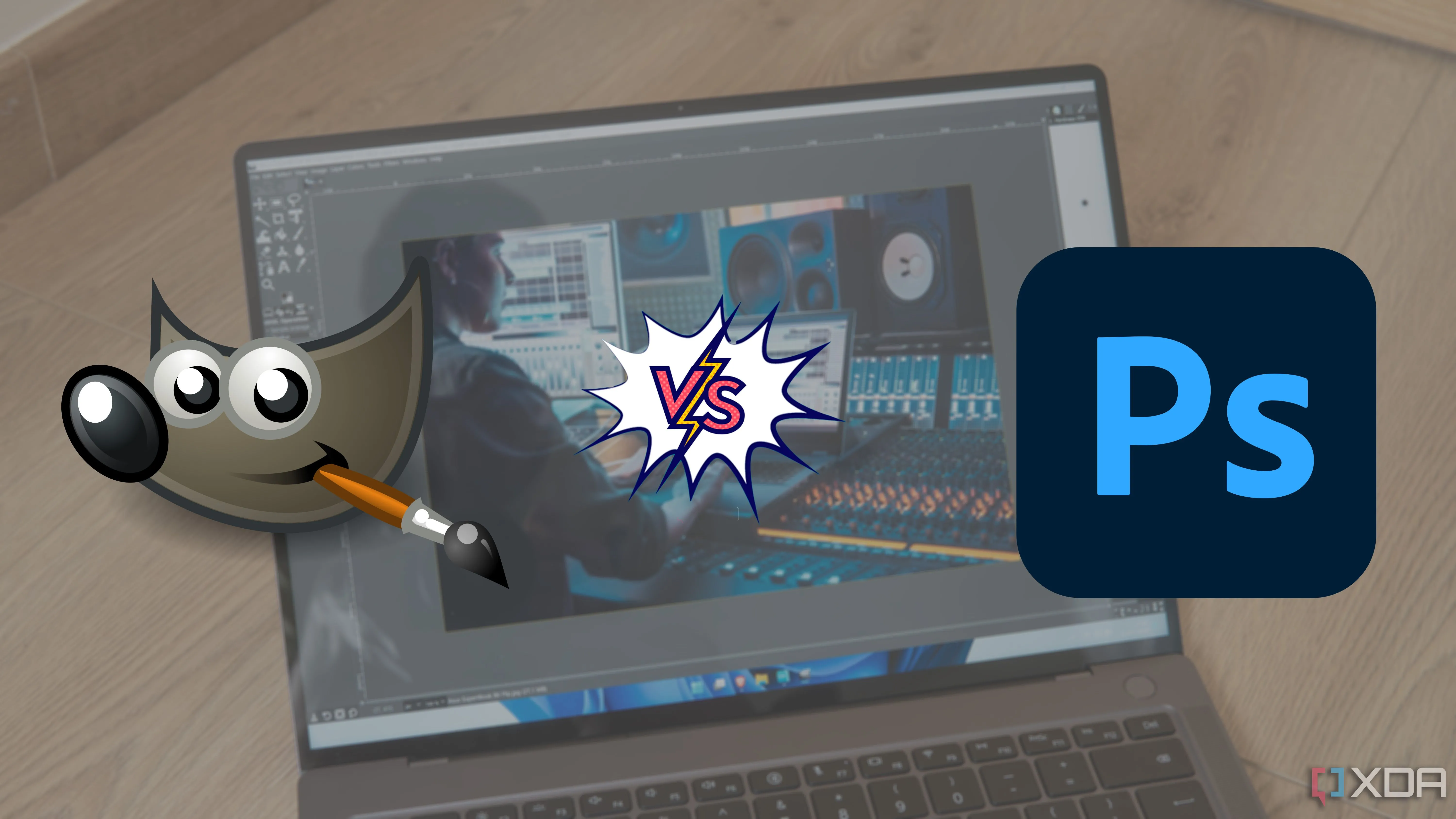 Màn hình laptop hiển thị giao diện GIMP cùng logo so sánh GIMP và Photoshop, biểu tượng cho cuộc đối đầu phần mềm chỉnh sửa ảnh miễn phí và trả phí.