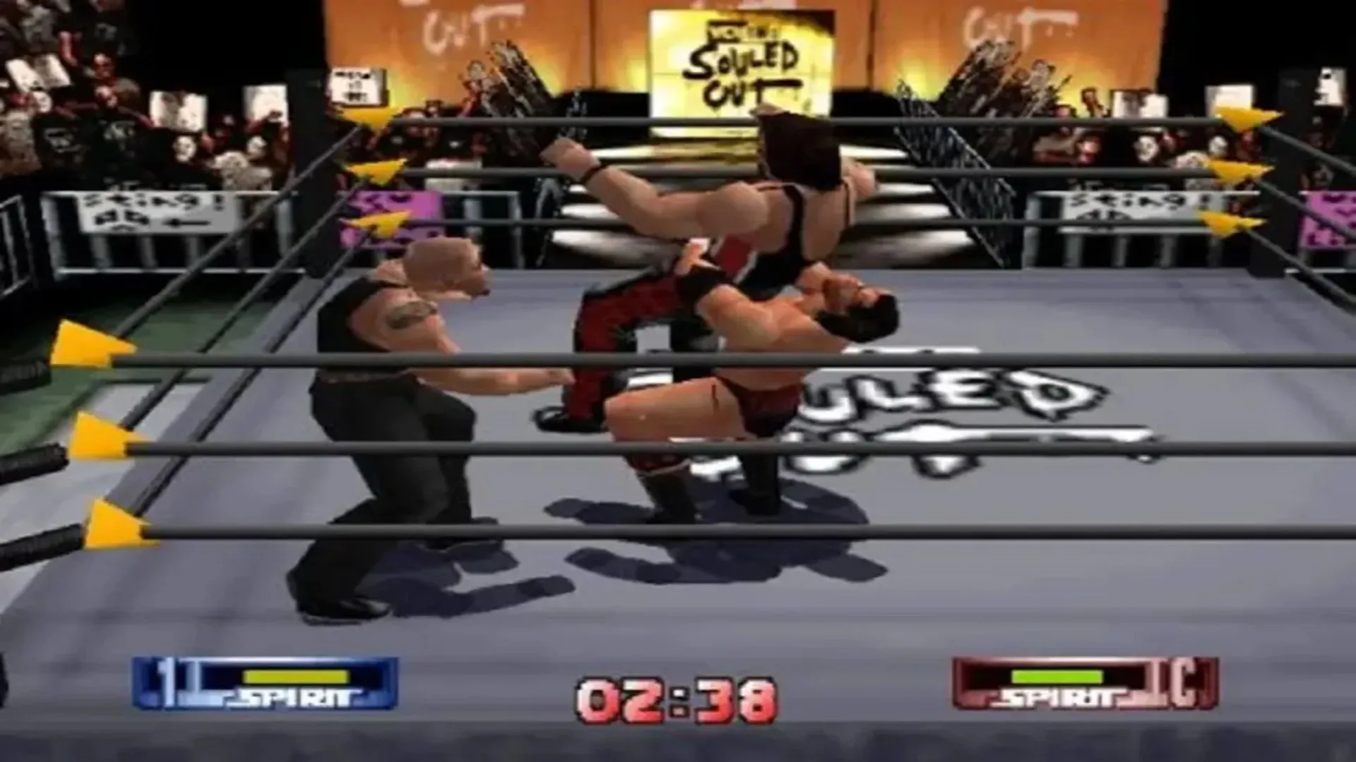 Màn hình lựa chọn nhân vật của WCW/nWo Revenge với các đô vật nổi tiếng như Hollywood Hogan và Goldberg, thể hiện đồ họa đặc trưng của Nintendo 64
