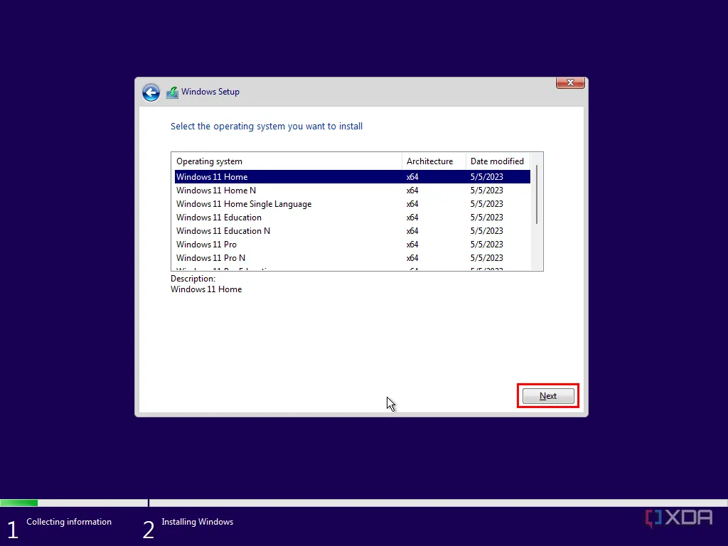 Màn hình lựa chọn phiên bản Windows 11 (Home, Pro...) để cài đặt