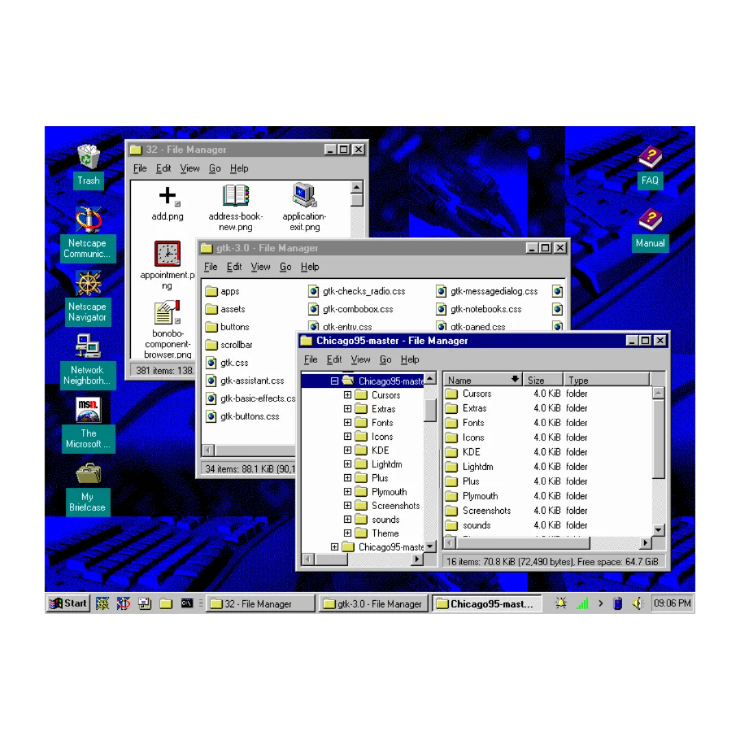 Màn hình máy tính với giao diện Chicago95, tái tạo hoàn hảo cảm giác Windows 95 trên nền Linux.