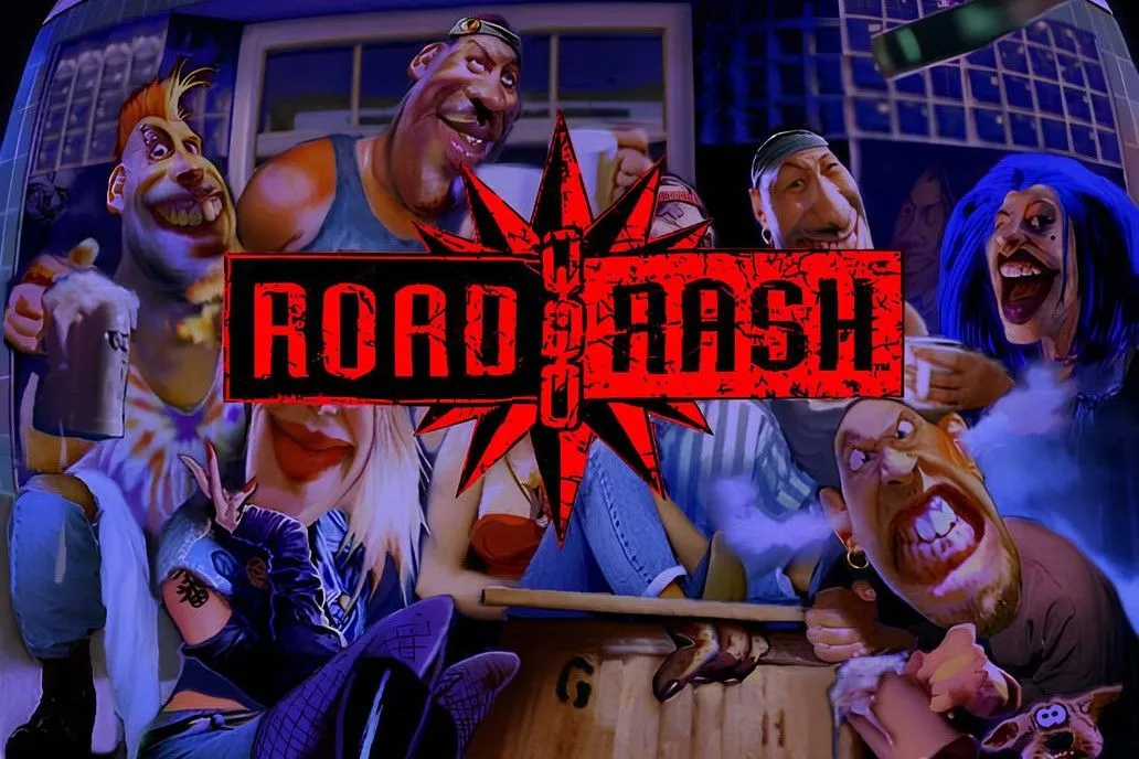 Màn hình menu game Road Rash với các lựa chọn chơi đơn và nhiều người chơi cùng nhau
