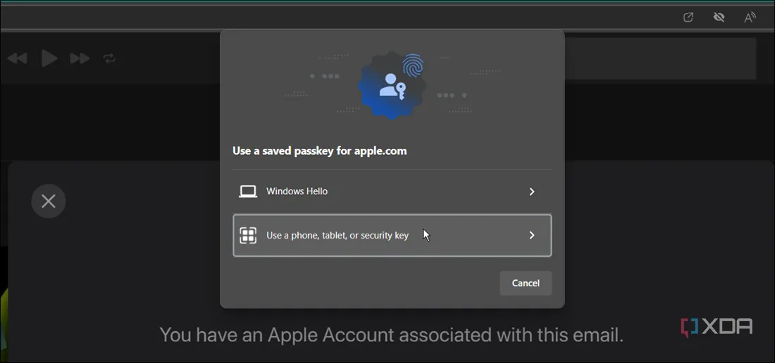 Màn hình minh họa đăng nhập Apple bằng Passkey qua nhiều phương thức và thiết bị khác nhau