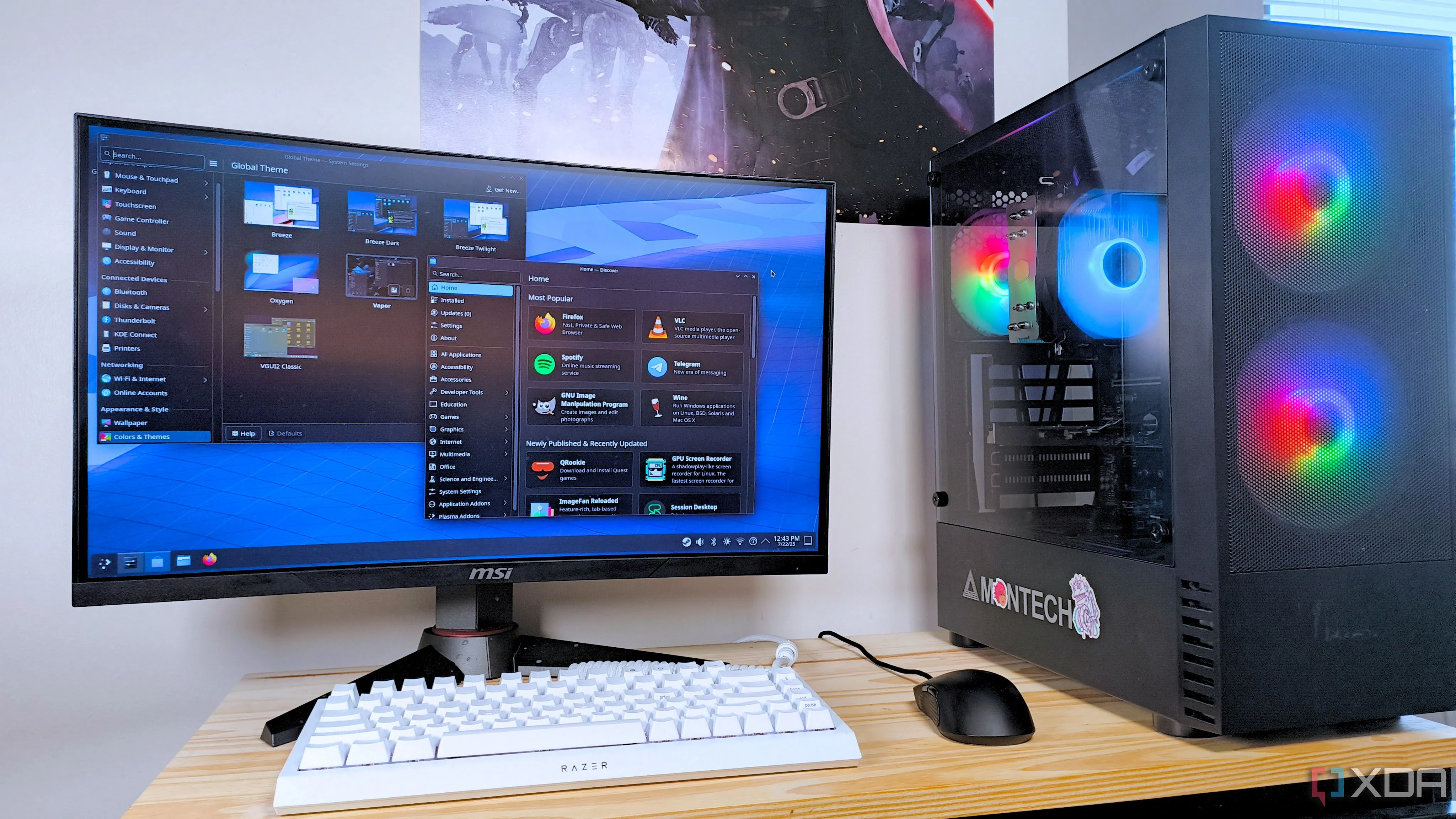 Màn hình một chiếc PC chơi game chạy SteamOS, hiển thị ứng dụng Cài đặt và Discovery trong môi trường desktop KDE Plasma