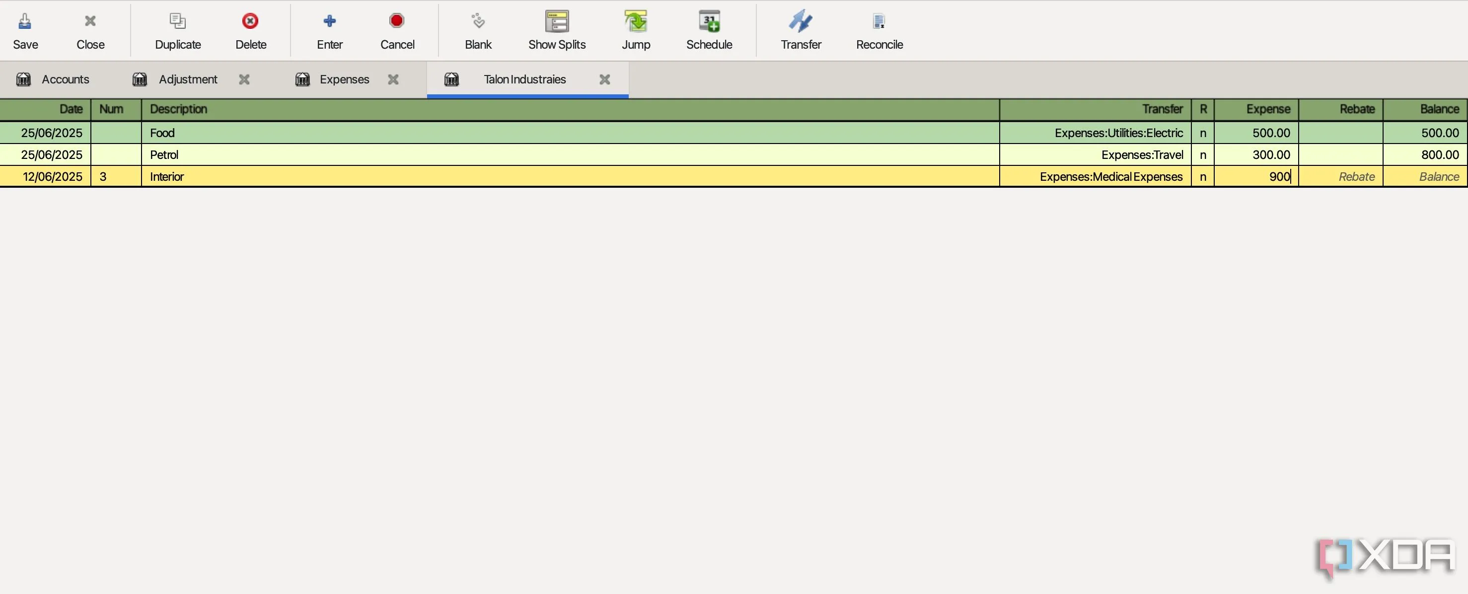 Màn hình nhập giao dịch mới trong GnuCash với giao diện sổ cái kép