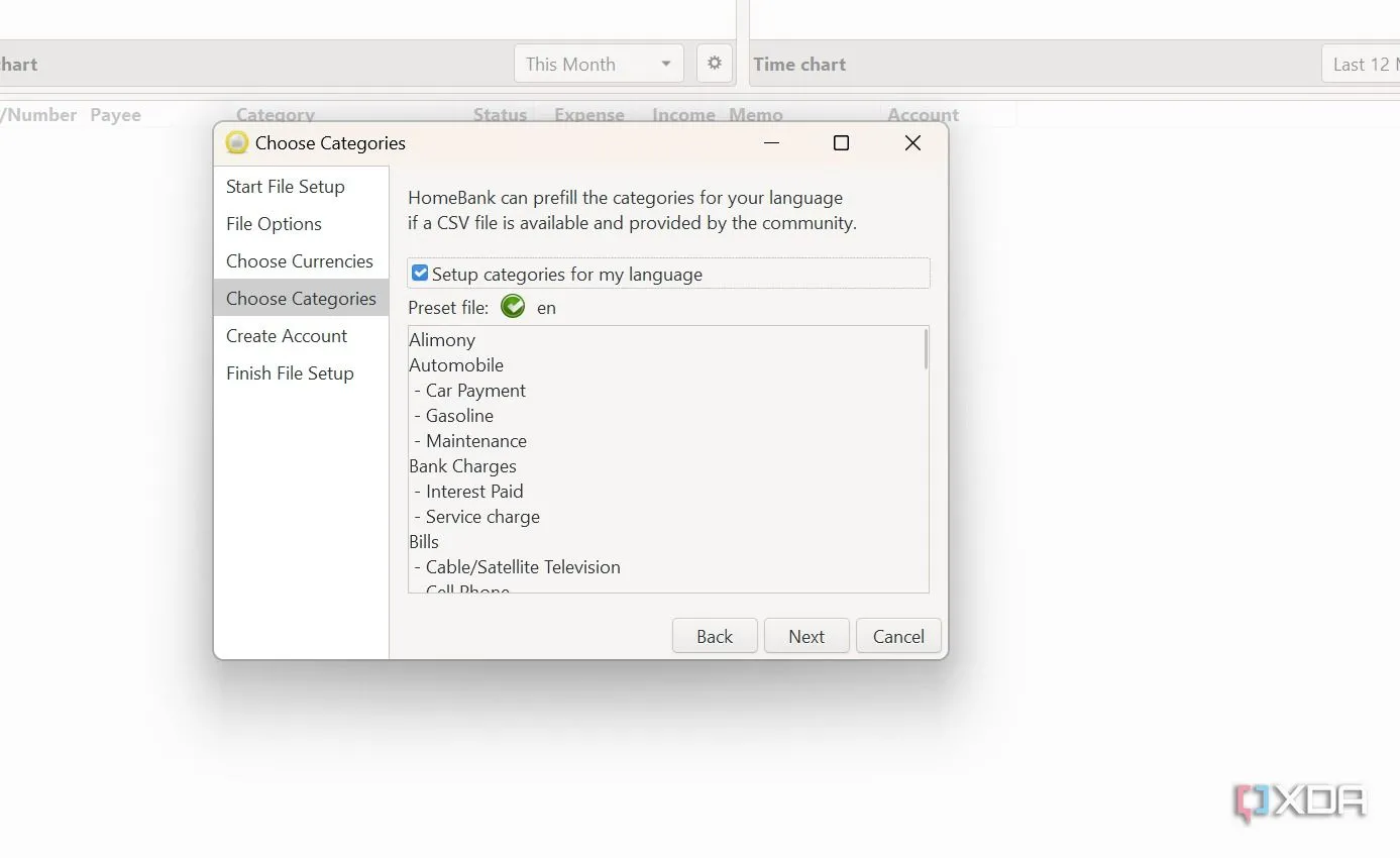 Màn hình phân loại giao dịch trên HomeBank với các danh mục chi tiêu được tùy chỉnh