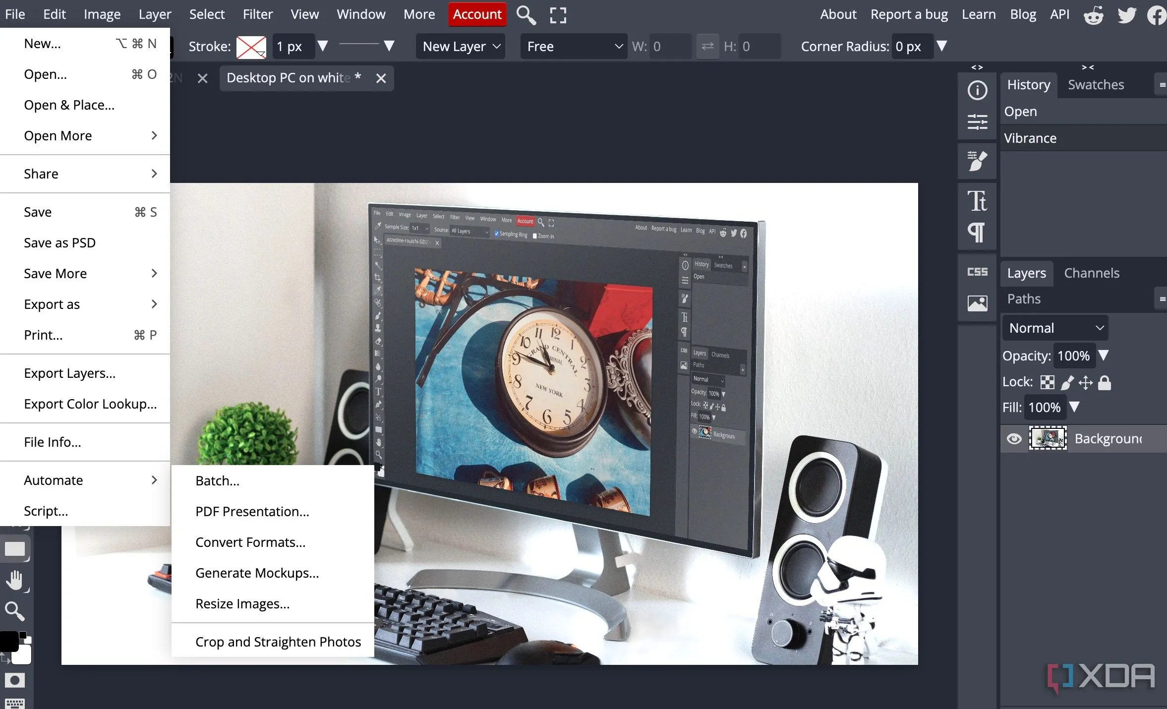 Màn hình Photopea hiển thị tính năng ghi lại hành động (Actions) cho phép tự động hóa các tác vụ chỉnh sửa lặp lại
