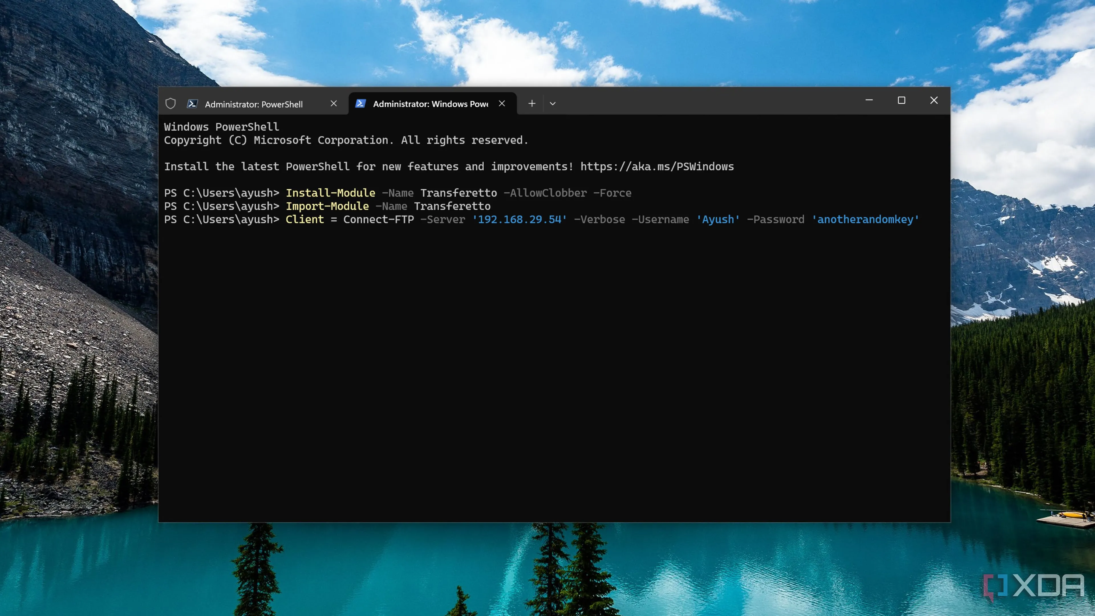Màn hình PowerShell thực hiện truyền tải tệp với module Transferetto