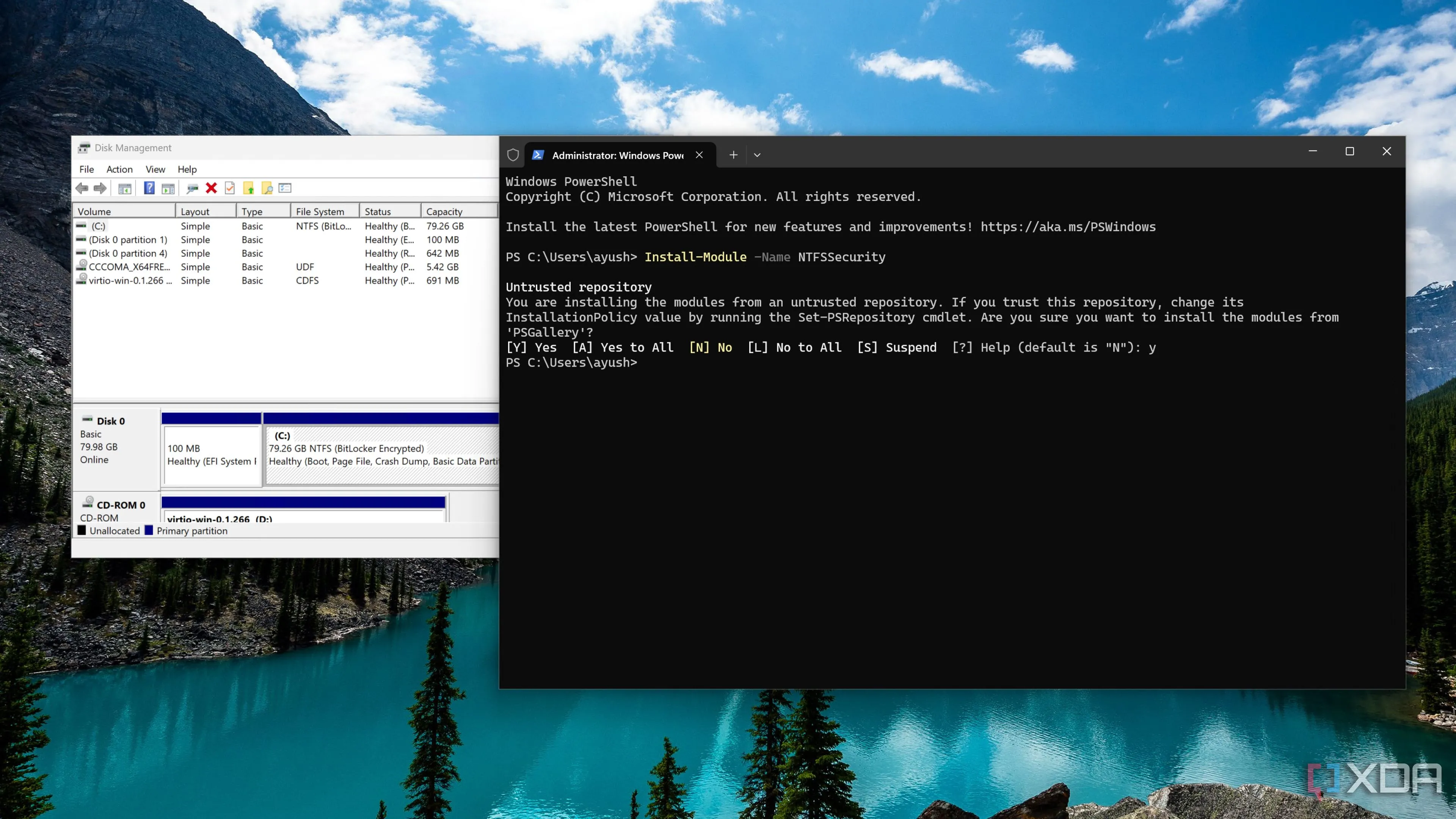 Màn hình PowerShell thực thi các lệnh của module NTFSSecurity để quản lý quyền truy cập