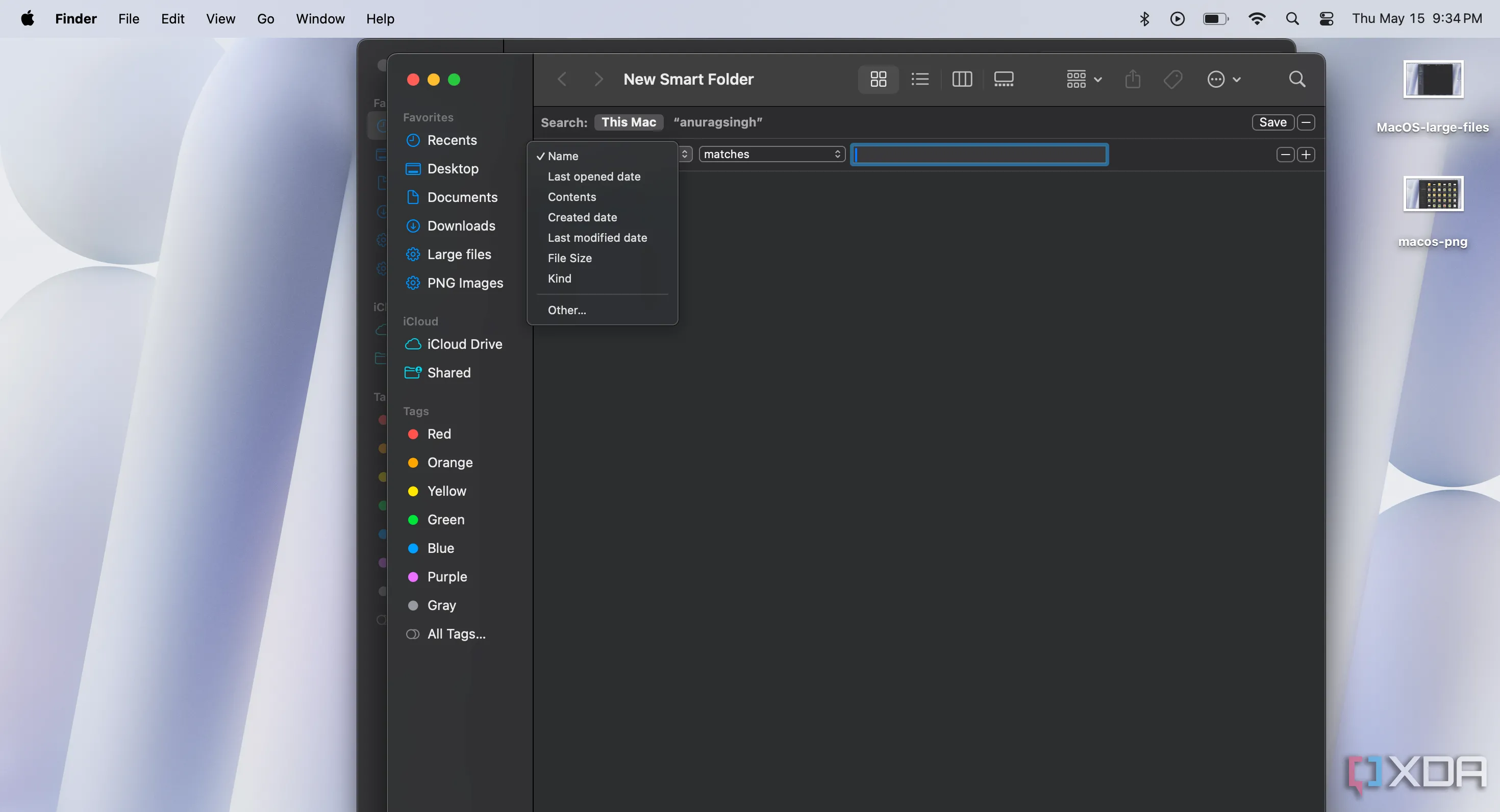 Màn hình tạo Smart Folder trên macOS với các tùy chọn lọc file theo nội dung, loại và ngày tháng.