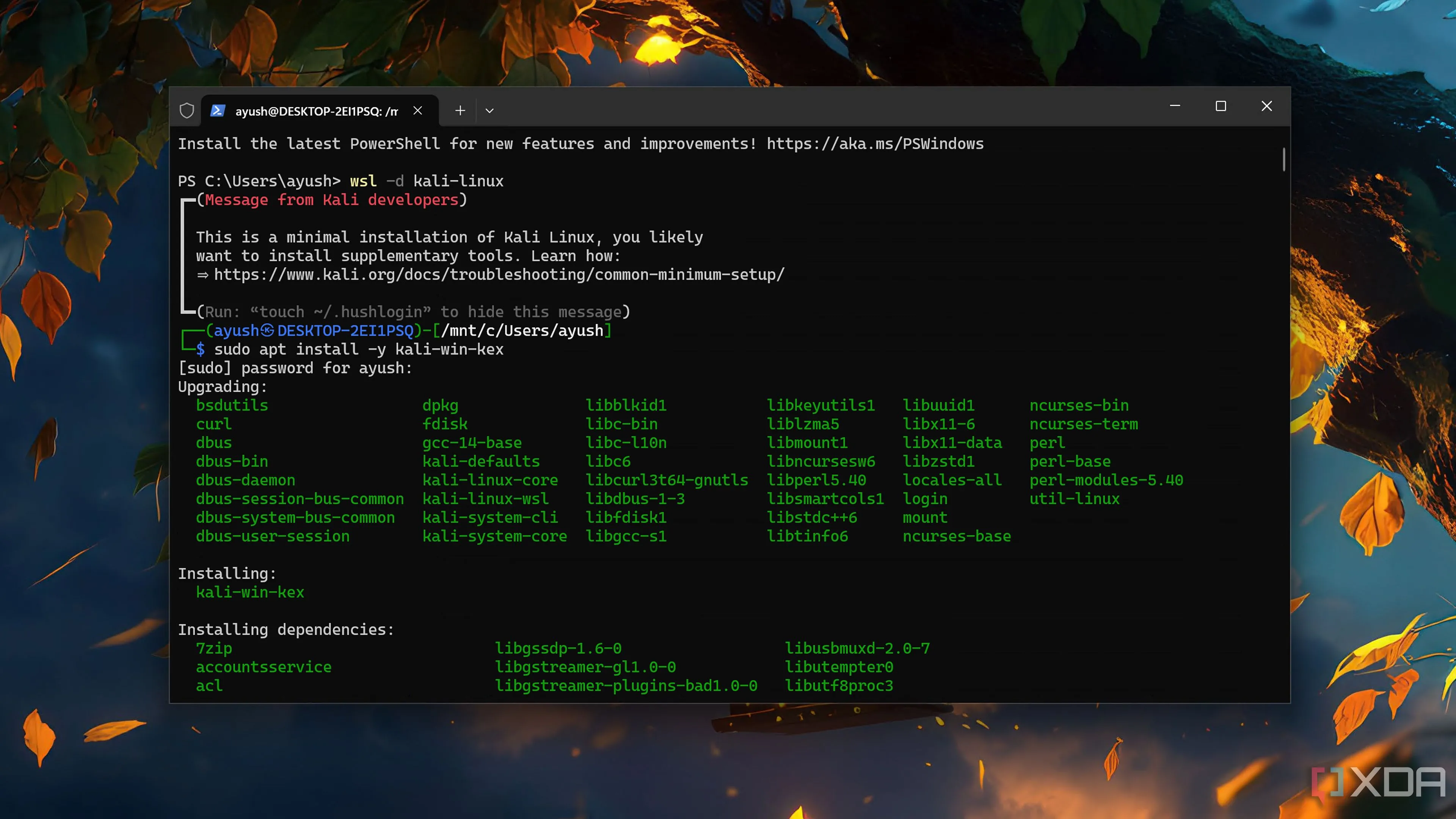 Màn hình terminal hiển thị giao diện Kali Linux đang chạy bên trong Windows Subsystem for Linux (WSL)