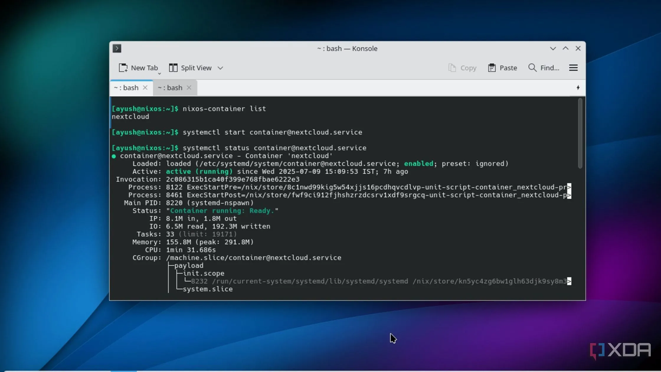 Màn hình terminal minh họa lệnh systemctl để quản lý container trên NixOS