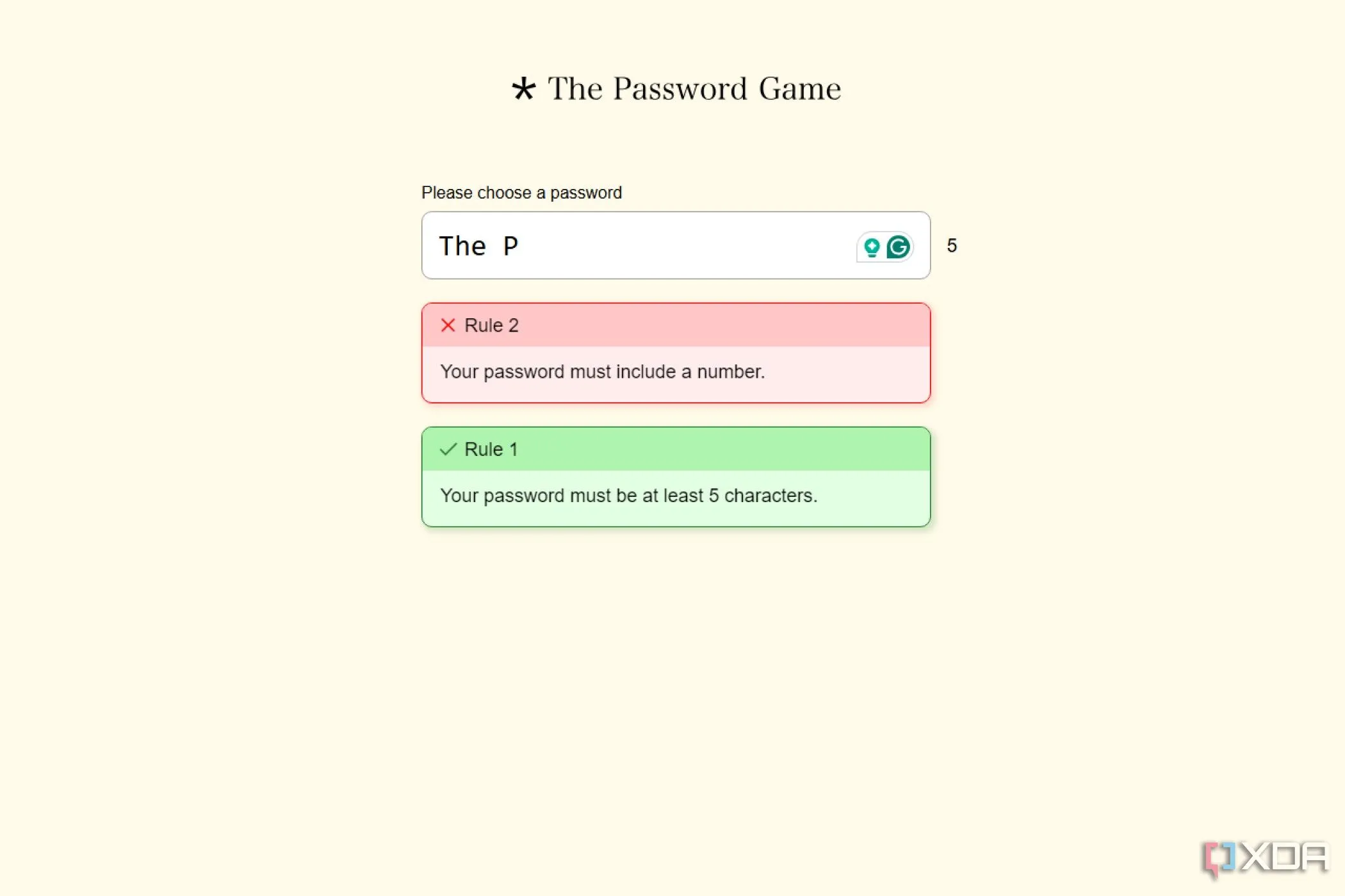 Màn hình The Password Game hiển thị danh sách dài các yêu cầu mật khẩu phức tạp, gây thử thách cho người chơi