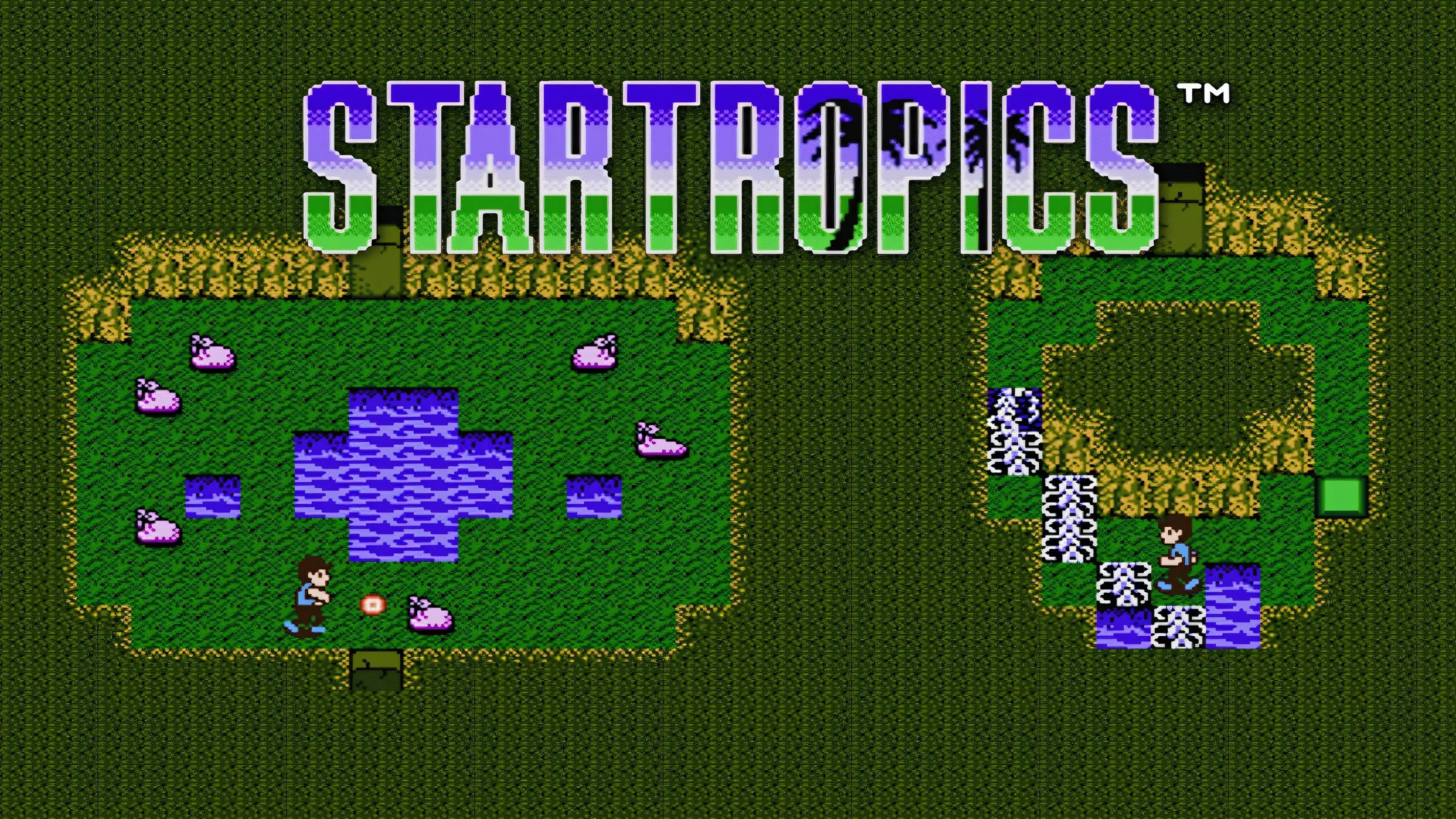 Màn hình tiêu đề game Startropics trên NES với logo và nhân vật chính