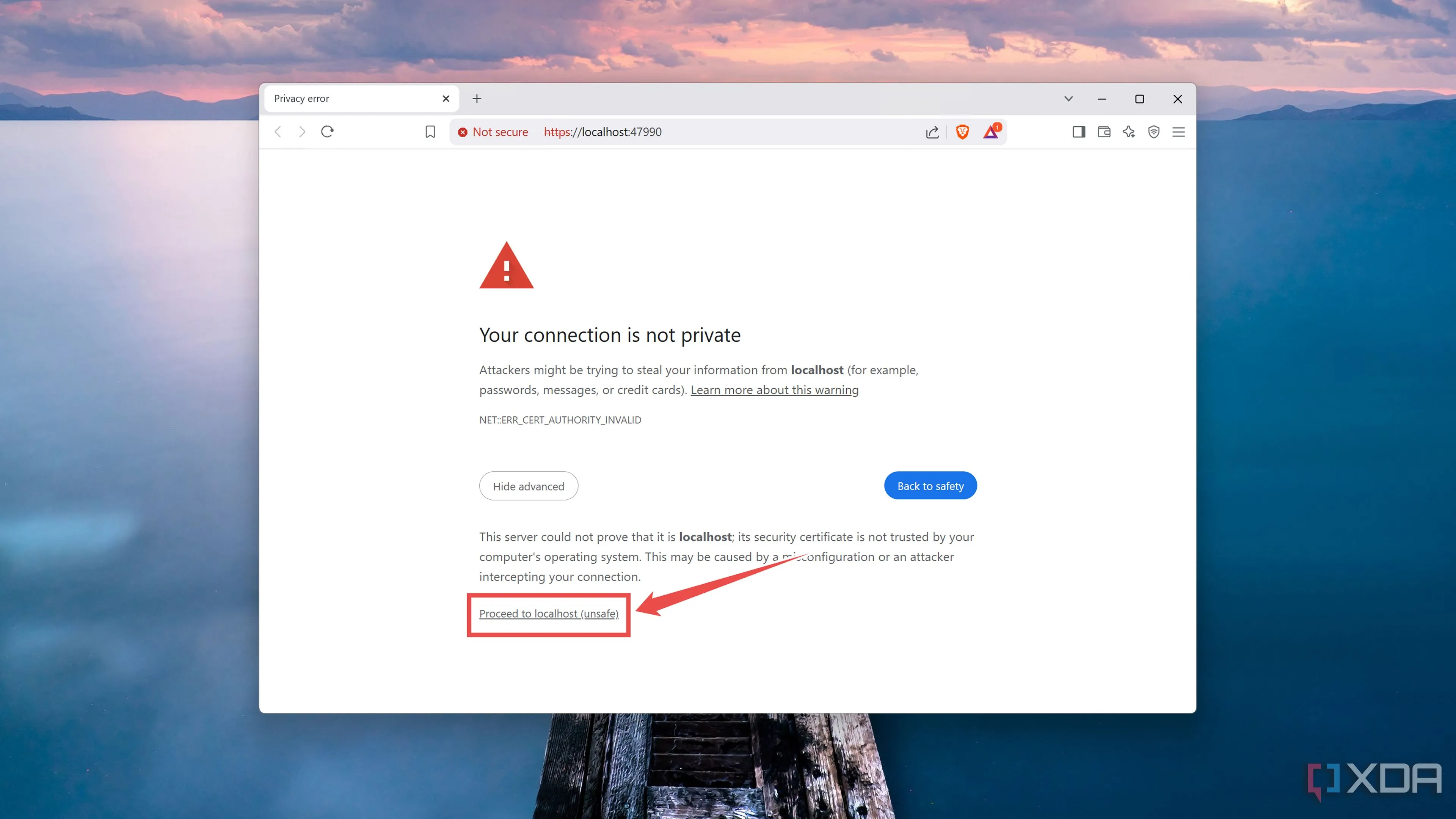 Màn hình trình duyệt hiển thị thông báo &quot;Proceed to localhost (unsafe)&quot; khi truy cập Apollo web UI