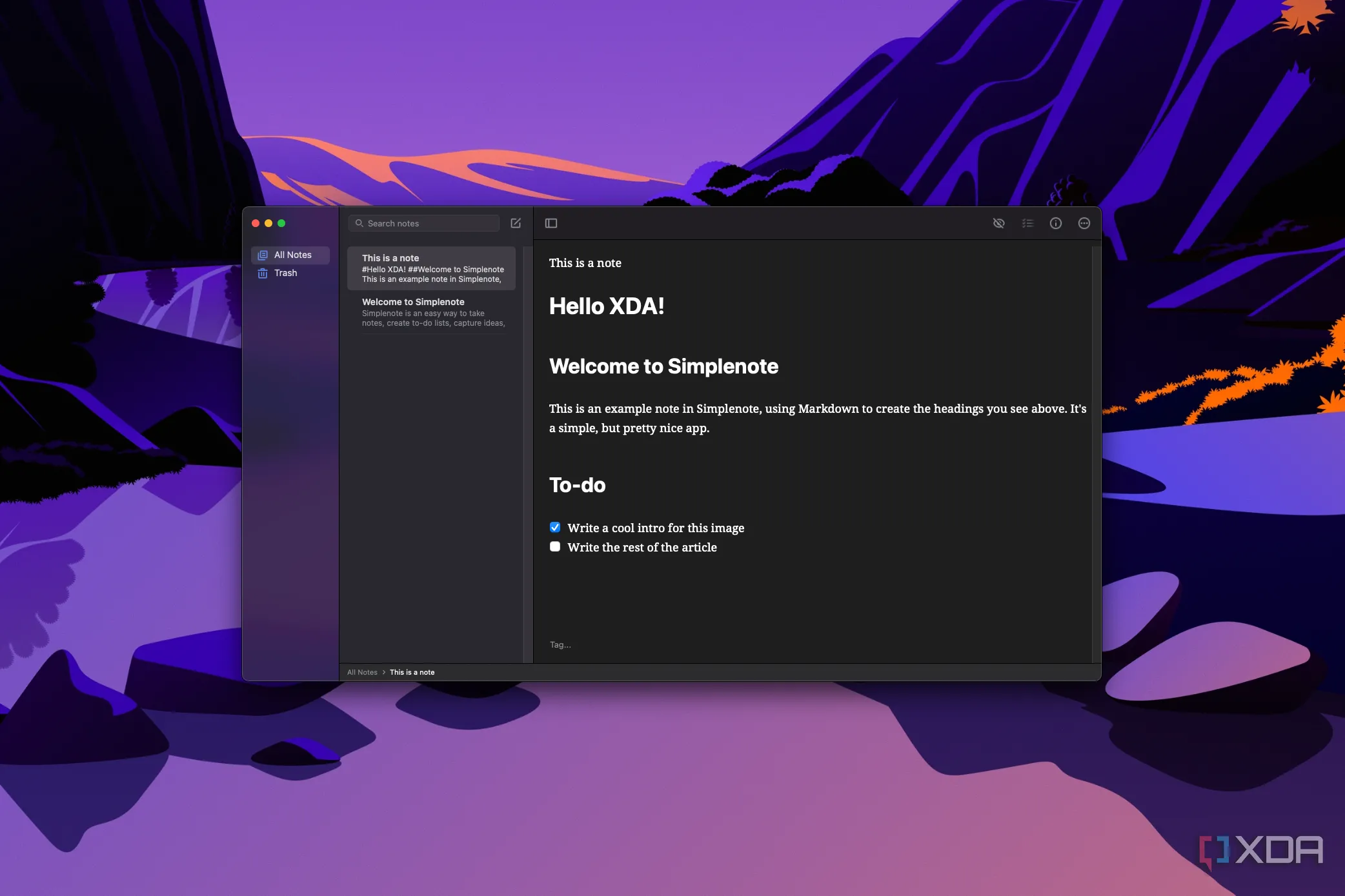 Màn hình ứng dụng Simplenote trên macOS với danh sách ghi chú