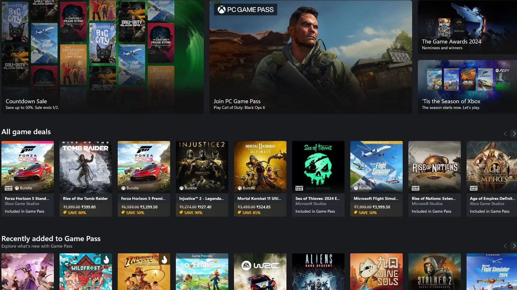 Màn hình ứng dụng Xbox hiển thị nhiều trò chơi khác nhau