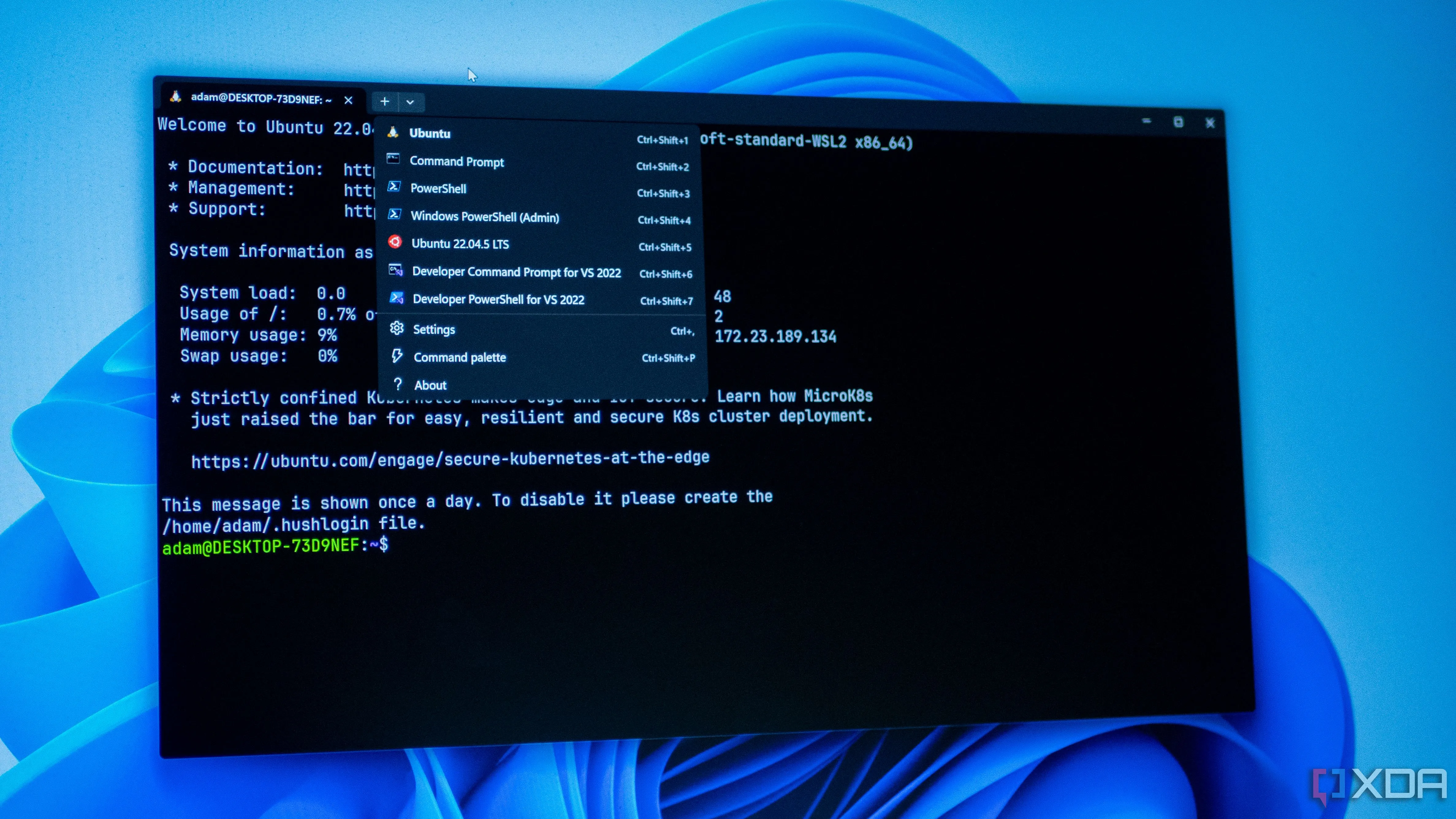 Màn hình Windows Terminal hiển thị nhiều profile Linux và Windows, minh họa khả năng tương tác của WSL