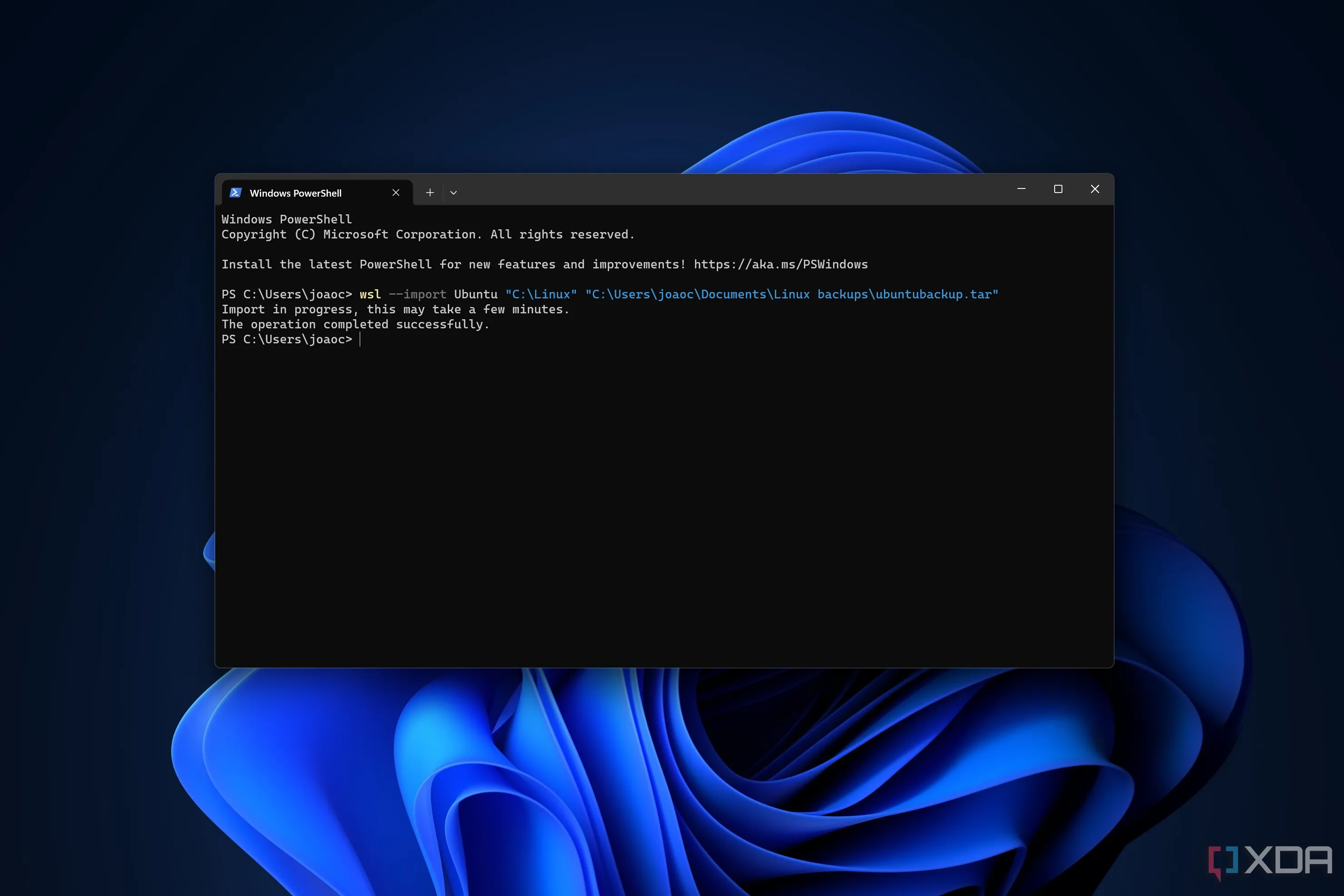 Màn hình Windows Terminal hiển thị quá trình nhập bản sao lưu WSL, minh họa khả năng quản lý distro Linux
