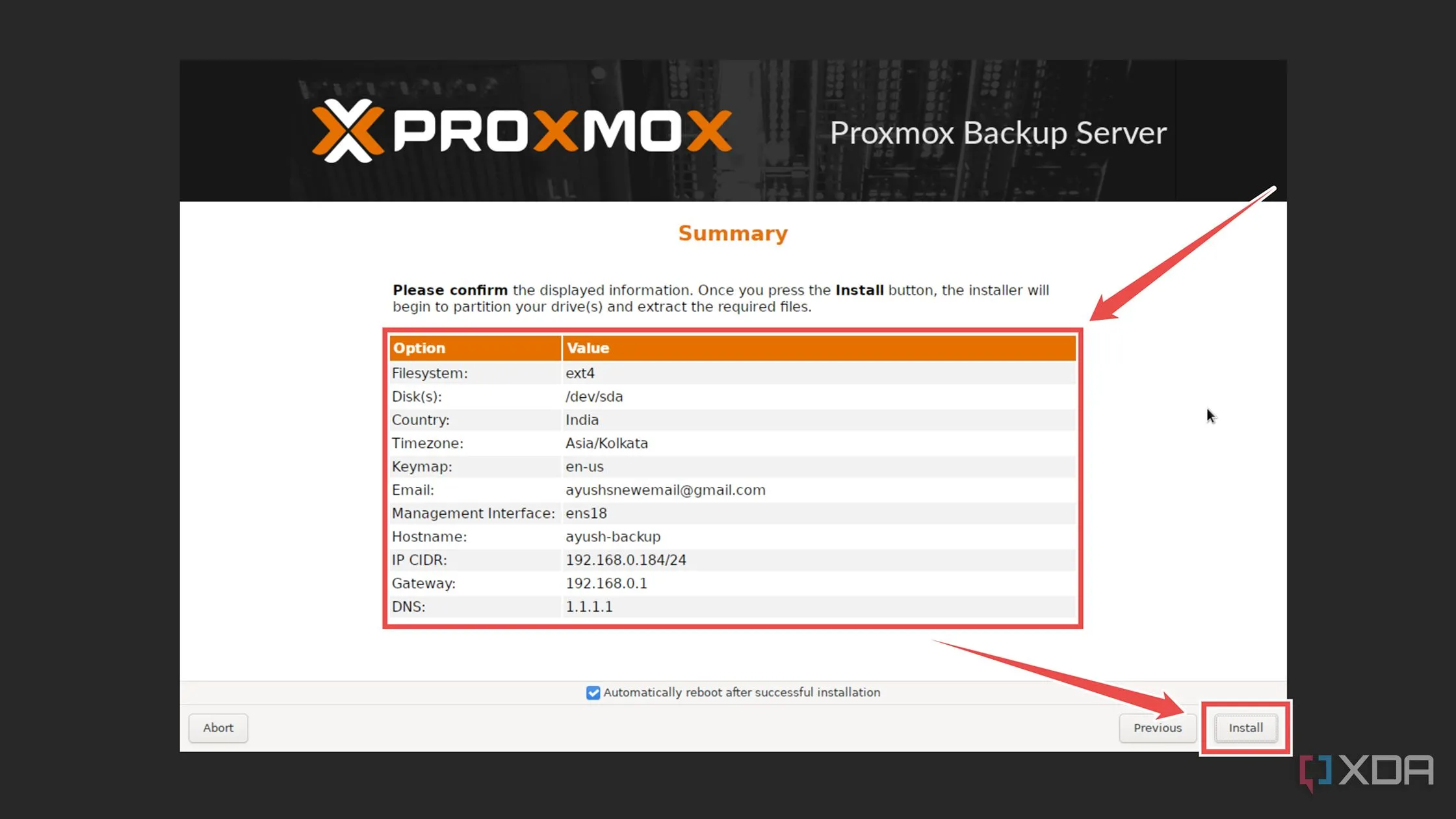 Màn hình xác nhận và bắt đầu cài đặt Proxmox Backup Server lên hệ thống