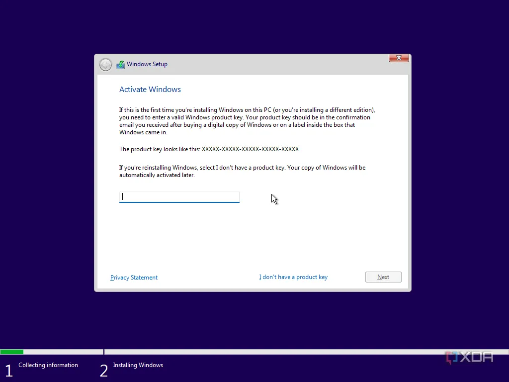 Màn hình yêu cầu nhập Product Key để kích hoạt Windows 11 trong quá trình cài đặt