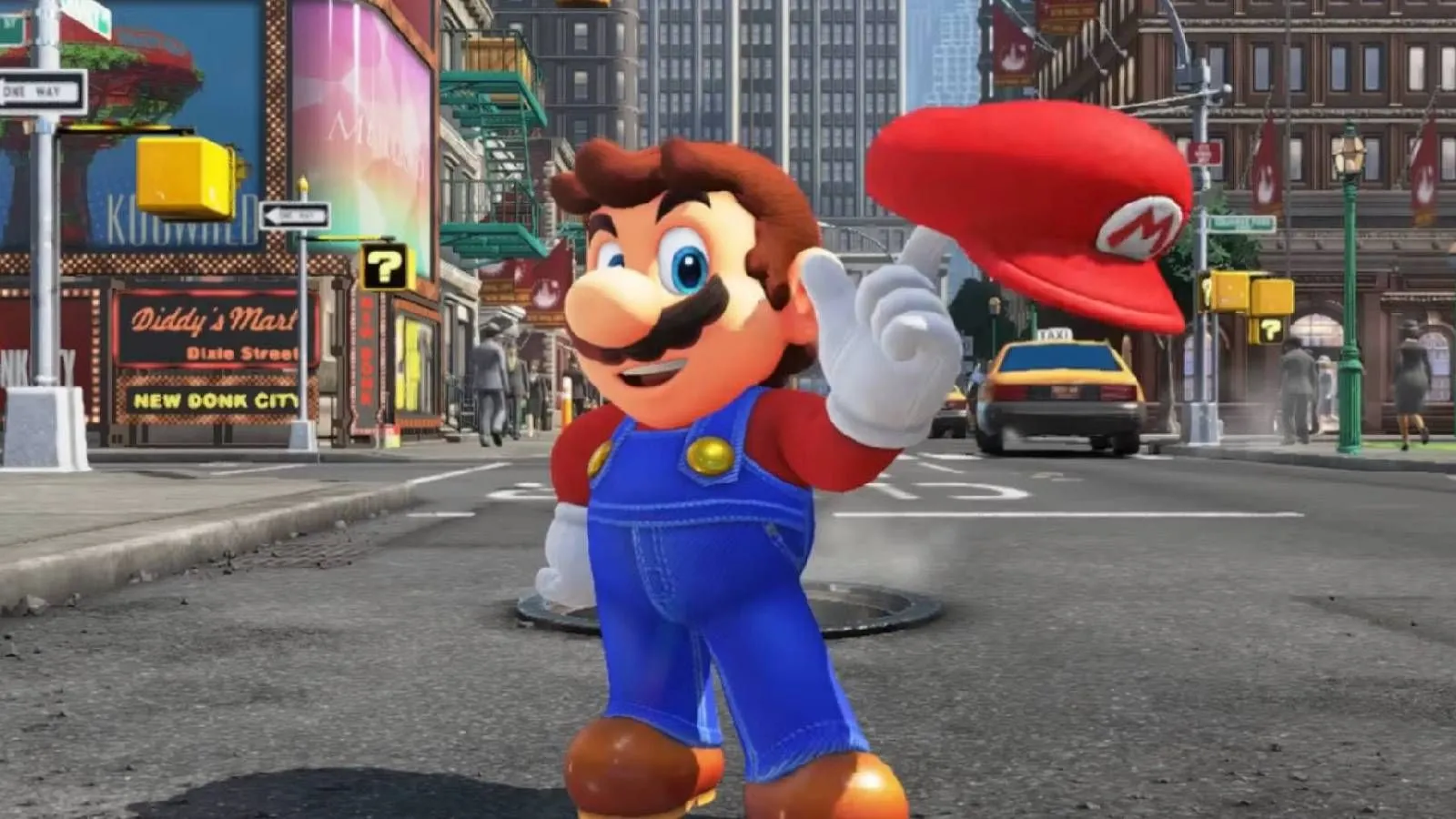 Mario cùng chiếc mũ Cappy huyền thoại trong màn chơi thành phố New Donk City của Super Mario Odyssey, thể hiện sự tự do khám phá.