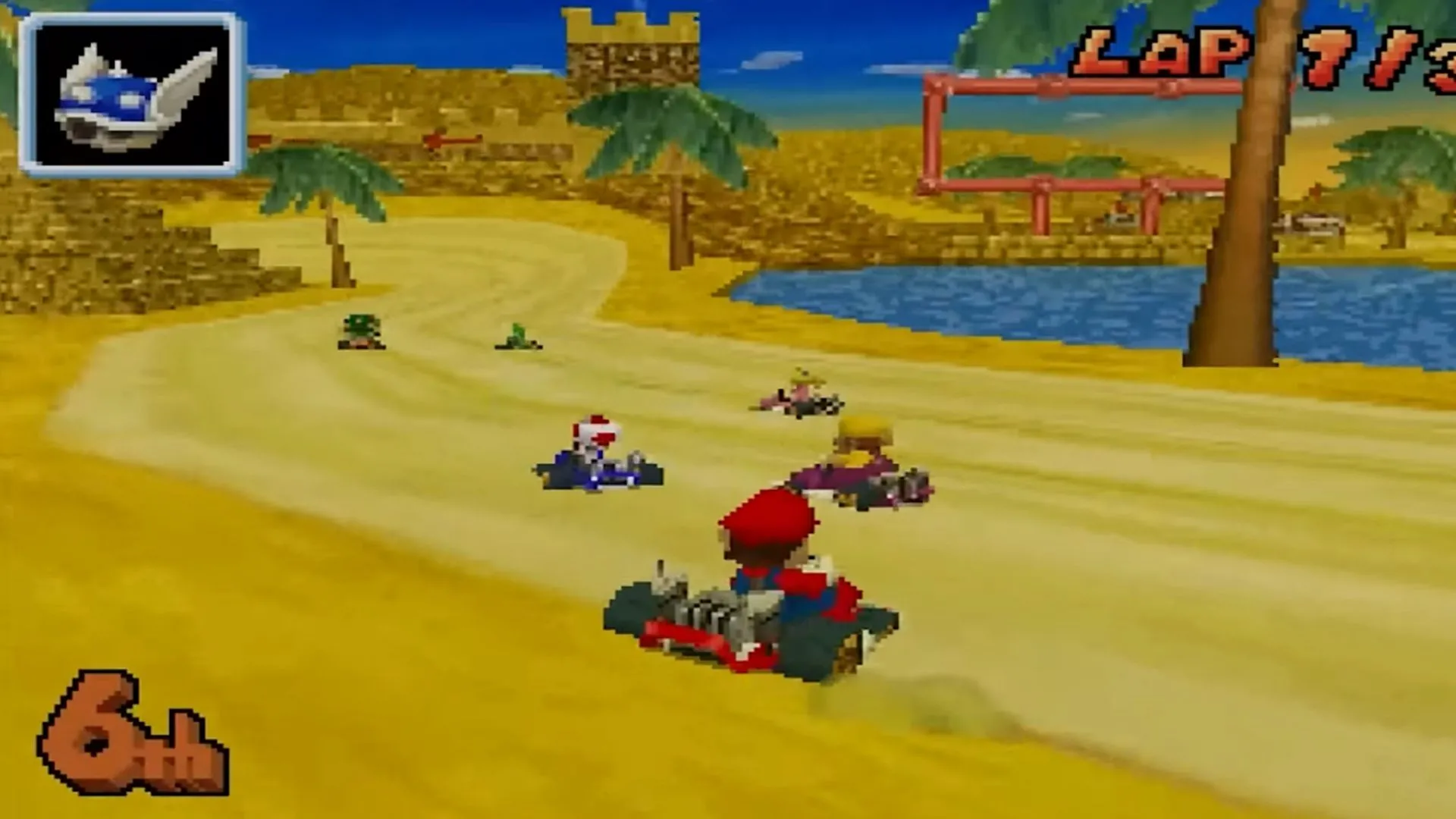 Mario Kart DS: Mario và Vỏ Rùa Xanh trong một cuộc đua gay cấn trên màn hình DS