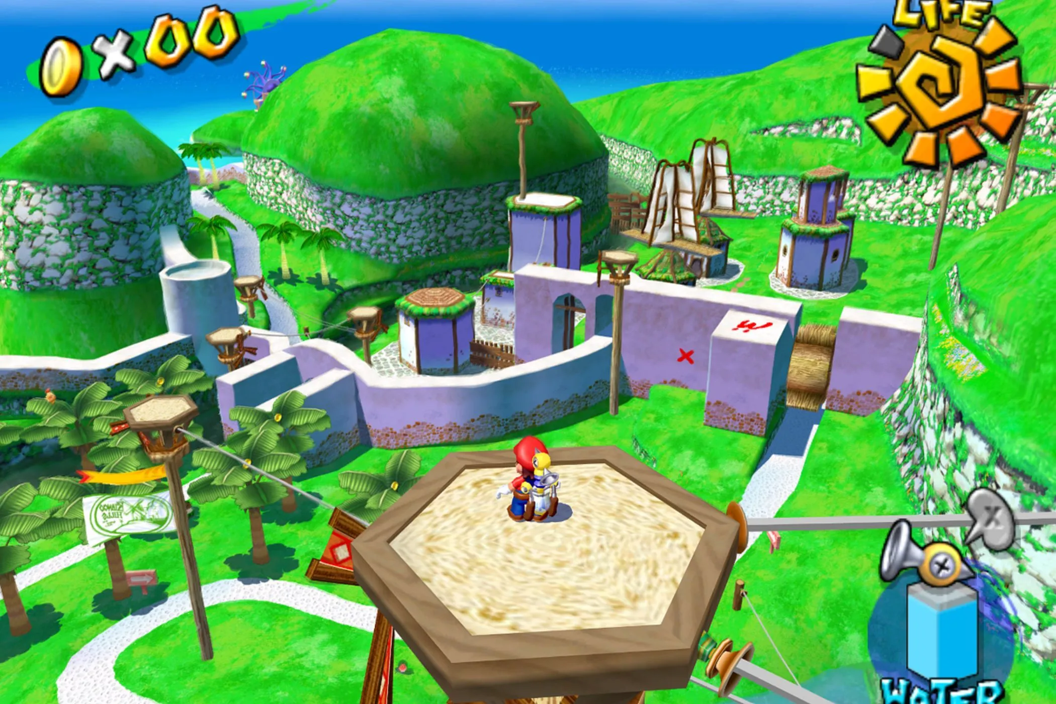 Mario sử dụng thiết bị phun nước FLUDD trong Super Mario Sunshine trên GameCube