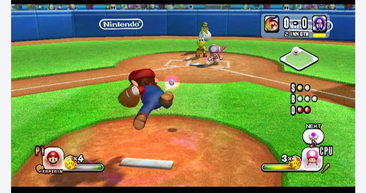 Mario Super Sluggers: Mario trong tư thế ném bóng, minh họa game Mario Baseball