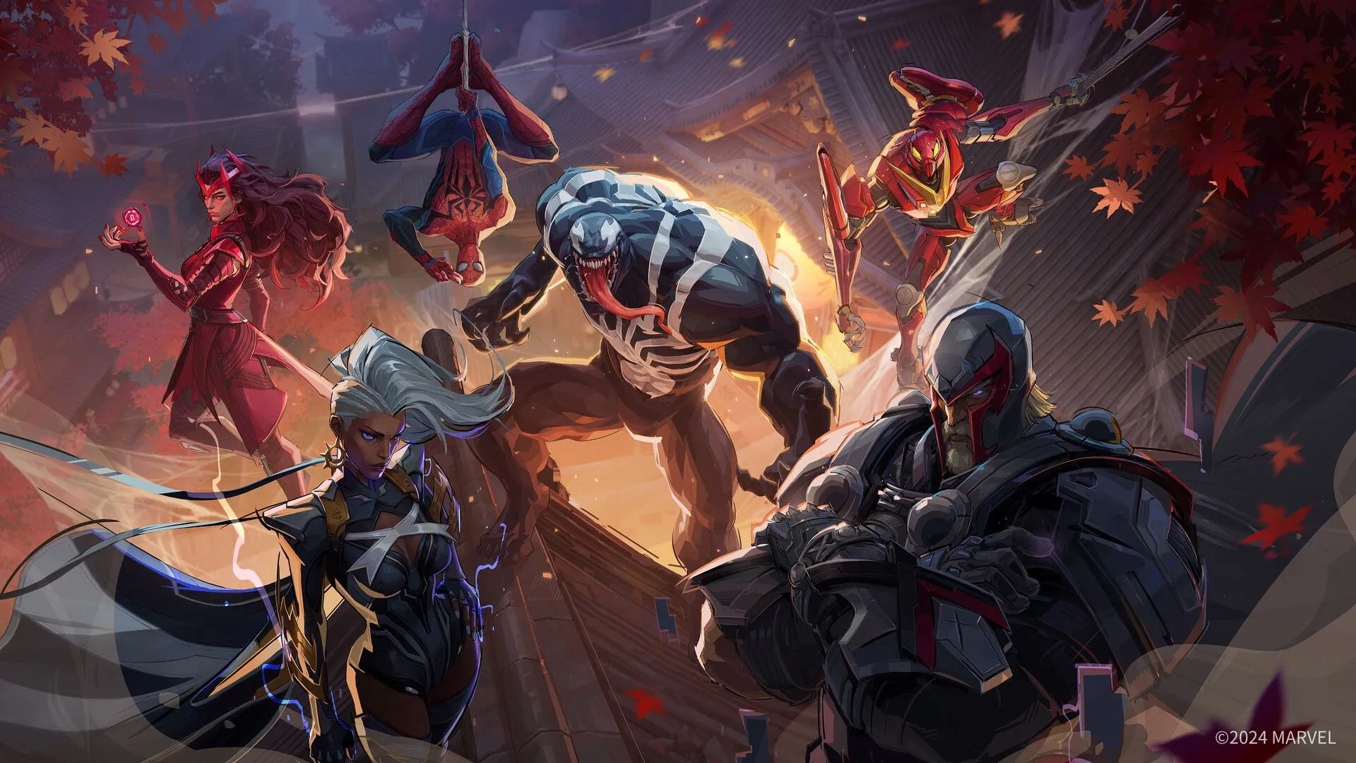 Marvel Rivals với các anh hùng đang chiến đấu trên nền hình nền game.