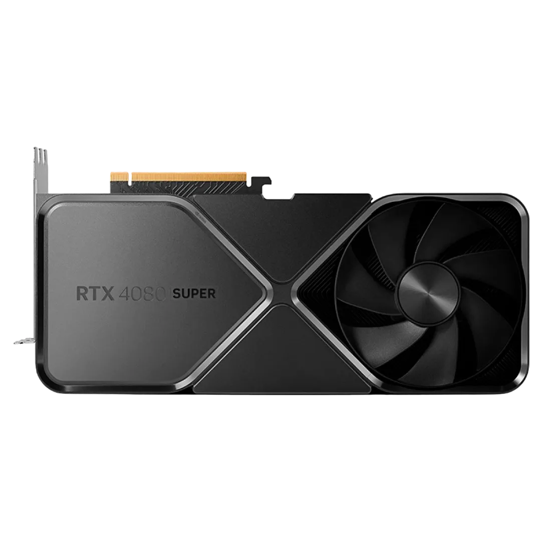 Mặt sau của card đồ họa Nvidia GeForce RTX 4080 Super Founders Edition, thể hiện thiết kế cao cấp và sức mạnh xử lý đồ họa hàng đầu