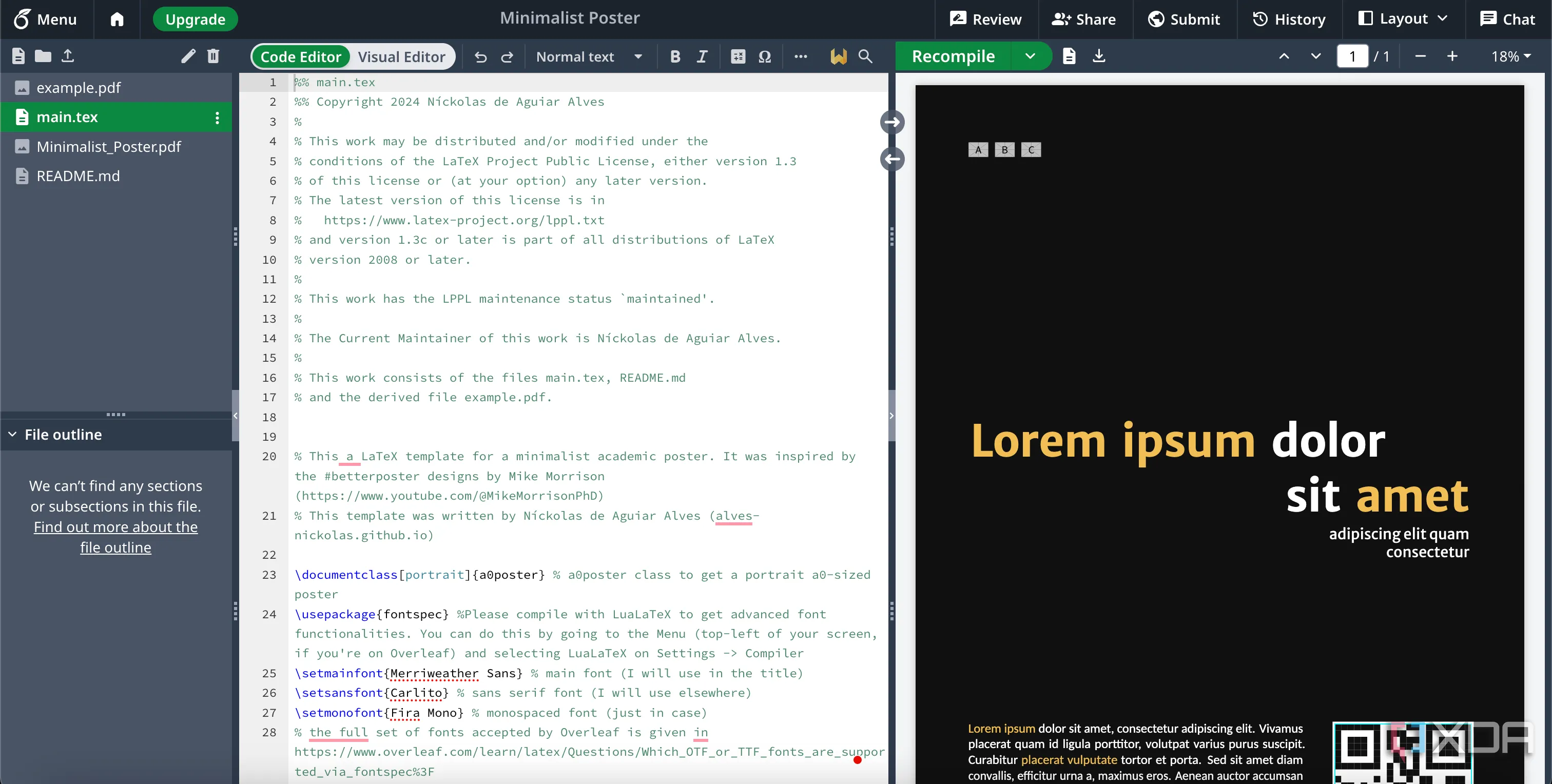 Mẫu poster tùy chỉnh với mã QR được tạo dễ dàng bằng công cụ Overleaf