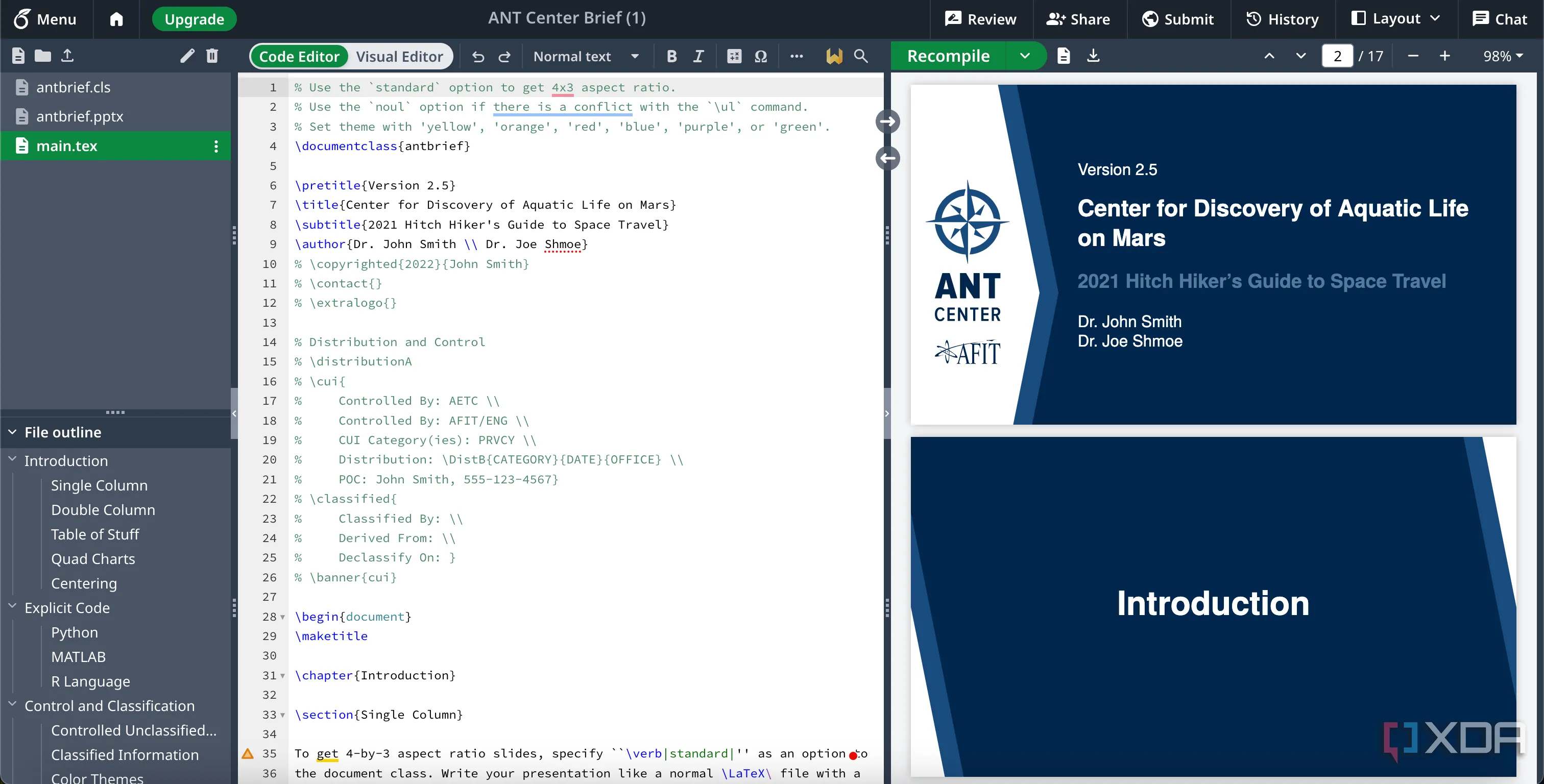Mẫu slide thuyết trình sáng tạo được thiết kế trên Overleaf, mang lại trải nghiệm độc đáo