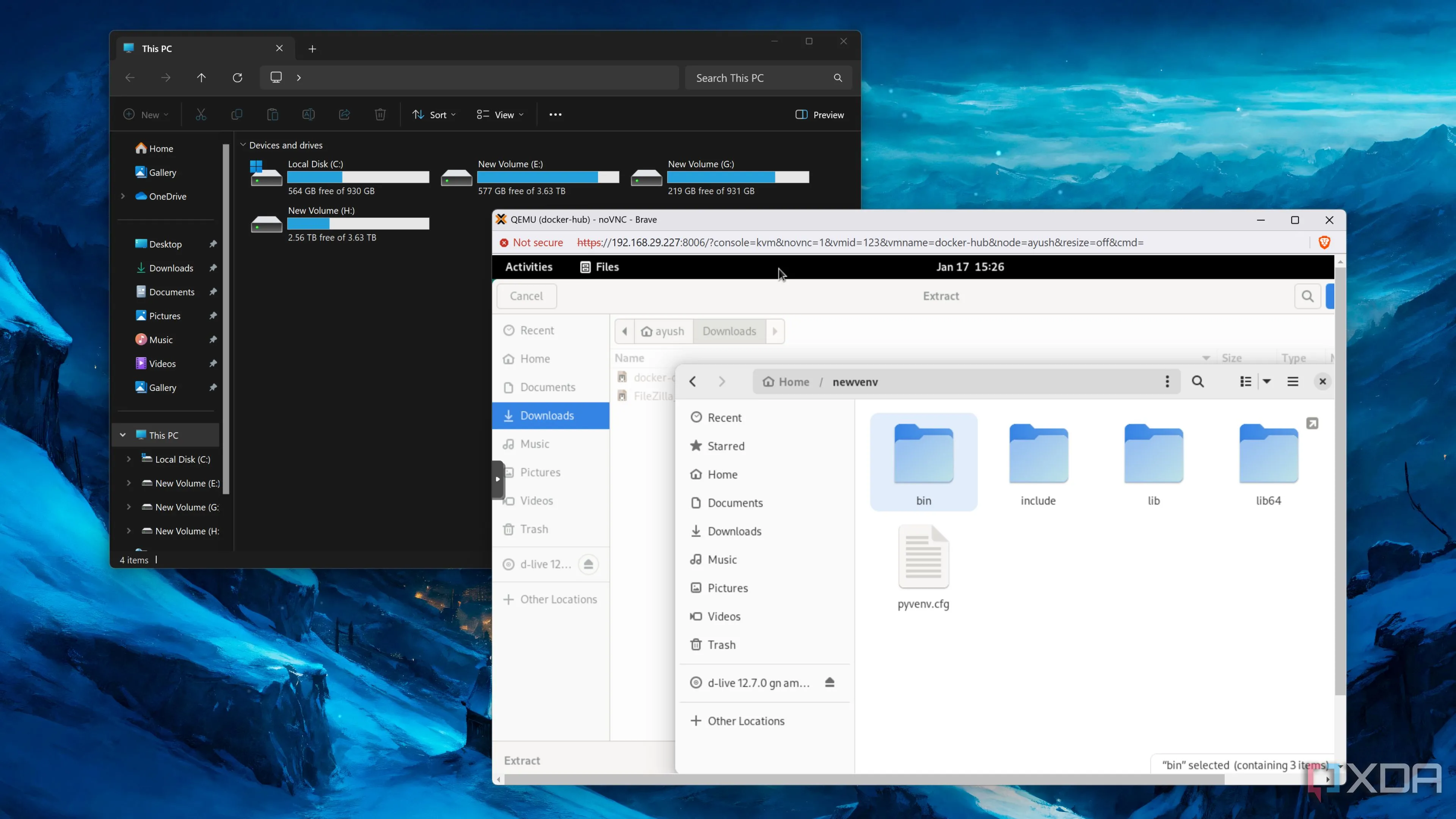 Máy ảo Debian chạy trên Proxmox cùng File Explorer của Windows 11, minh họa làm việc đa nền tảng hiệu quả