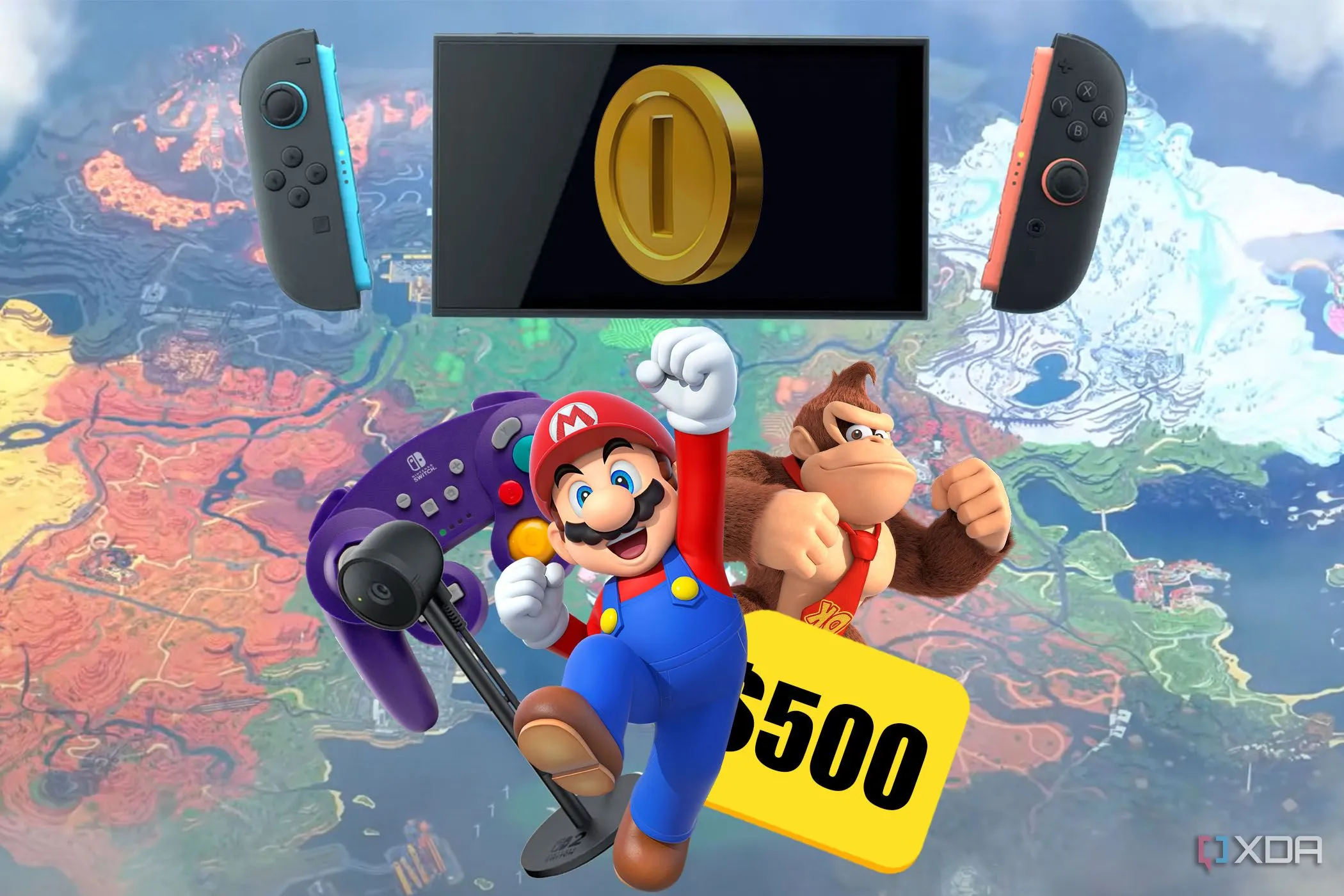 Máy chơi game Nintendo Switch 2 với biểu tượng Mario và phụ kiện