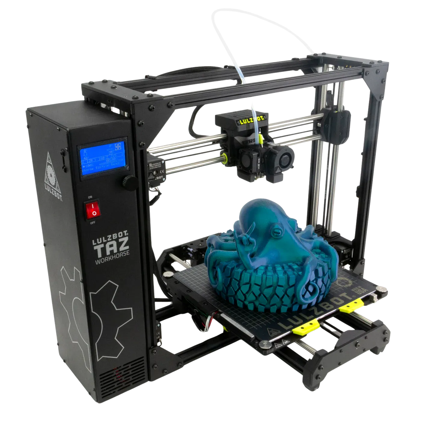 Máy in 3D LulzBot TAZ Workhorse mạnh mẽ với khung màu cam đặc trưng, chuyên cho sản xuất số lượng lớn