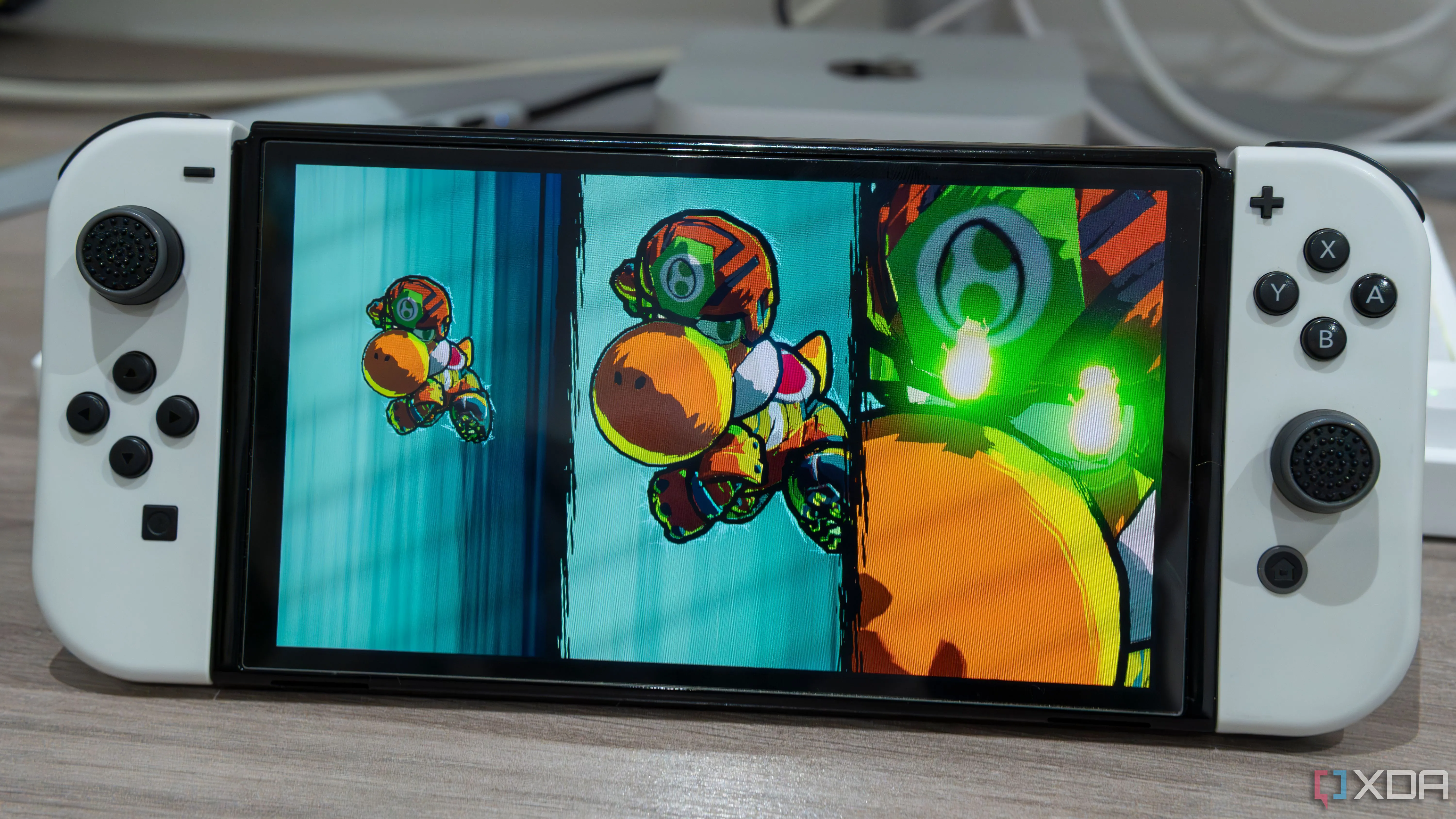 Máy Nintendo Switch OLED hiển thị game Mario Strikers Battle League, minh họa một trong nhiều tựa game của vũ trụ Mario