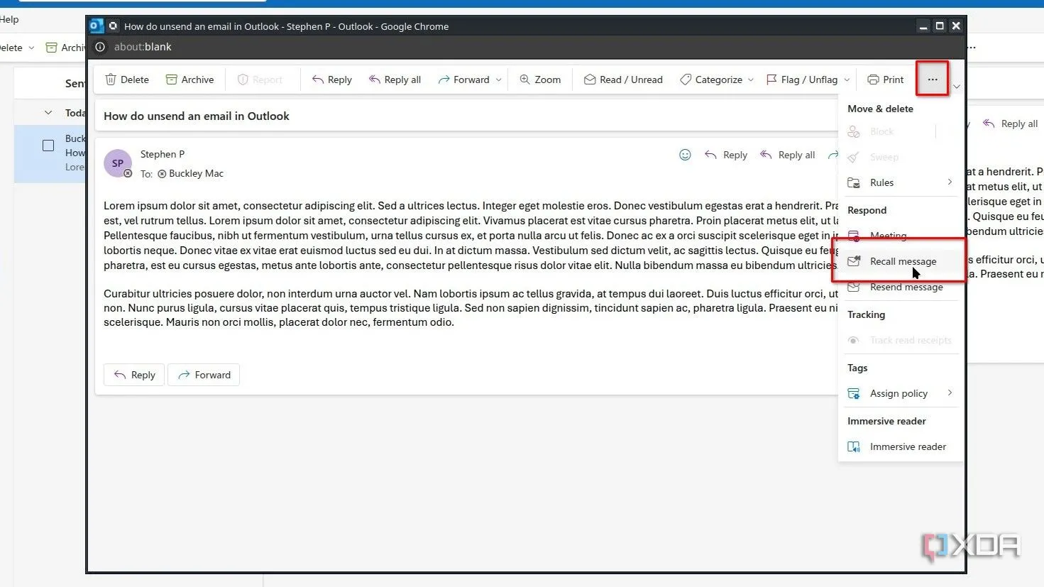 Menu ba chấm trong email đã mở trên New Outlook, với tùy chọn Thu hồi Thư được đánh dấu