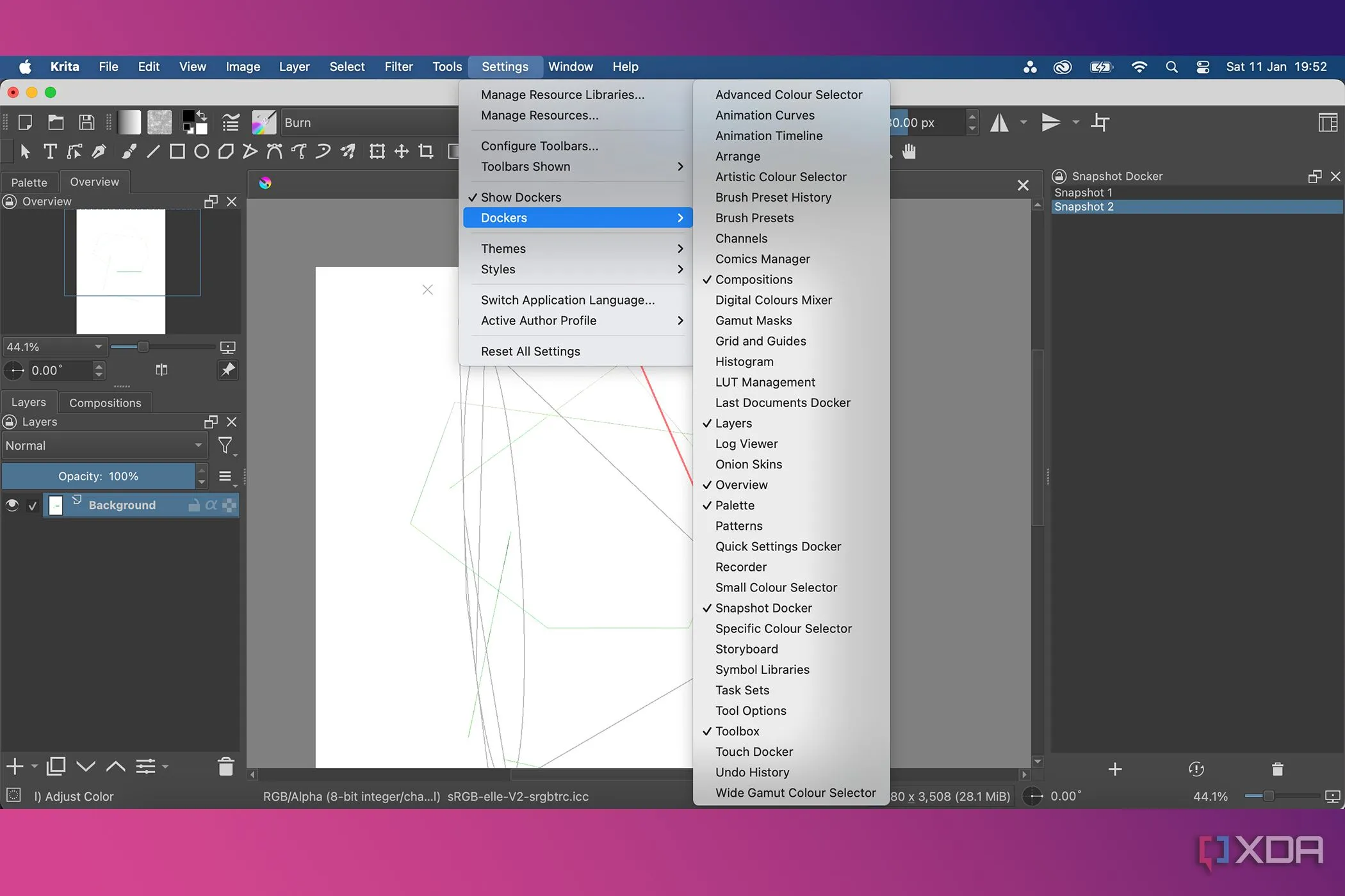 Menu cài đặt Docker trong Krita, cho phép người dùng tùy chỉnh và sắp xếp các bảng điều khiển để tối ưu hóa không gian làm việc.