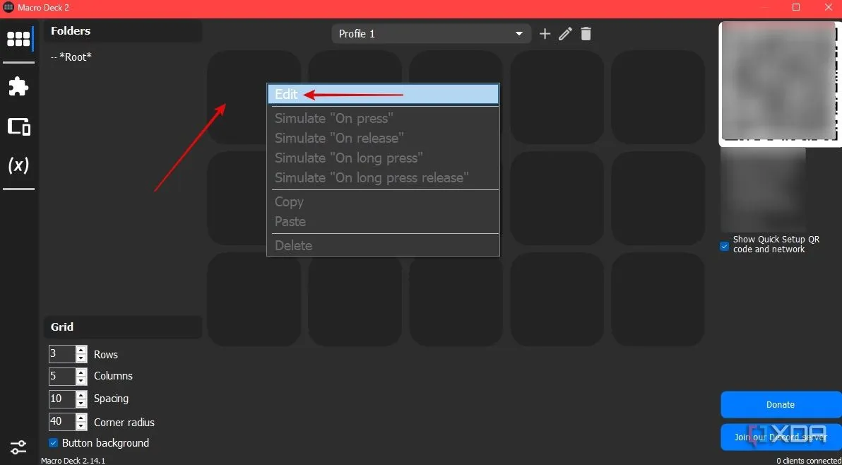 Menu chỉnh sửa nút bấm trên giao diện Macro Deck PC