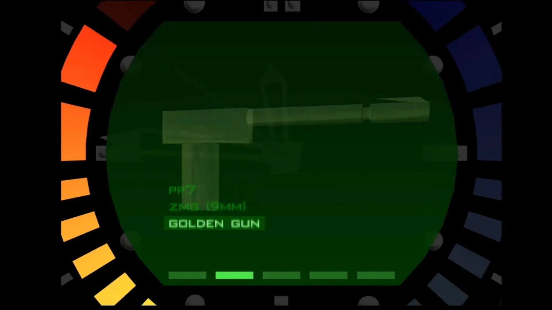 Menu chọn The Golden Gun trong game GoldenEye 007, thể hiện uy lực của khẩu súng vàng