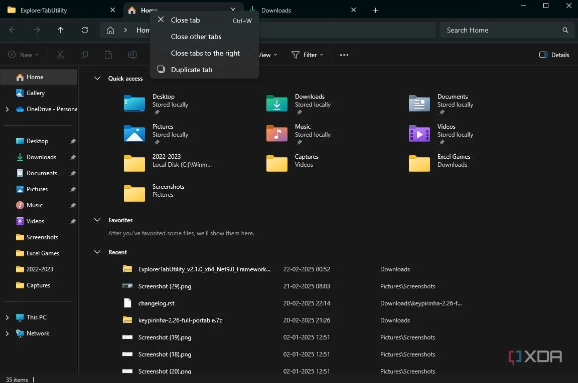 Menu chuột phải trên thanh tab của Explorer Tab Utility, hiển thị các tùy chọn đóng hoặc mở lại tab