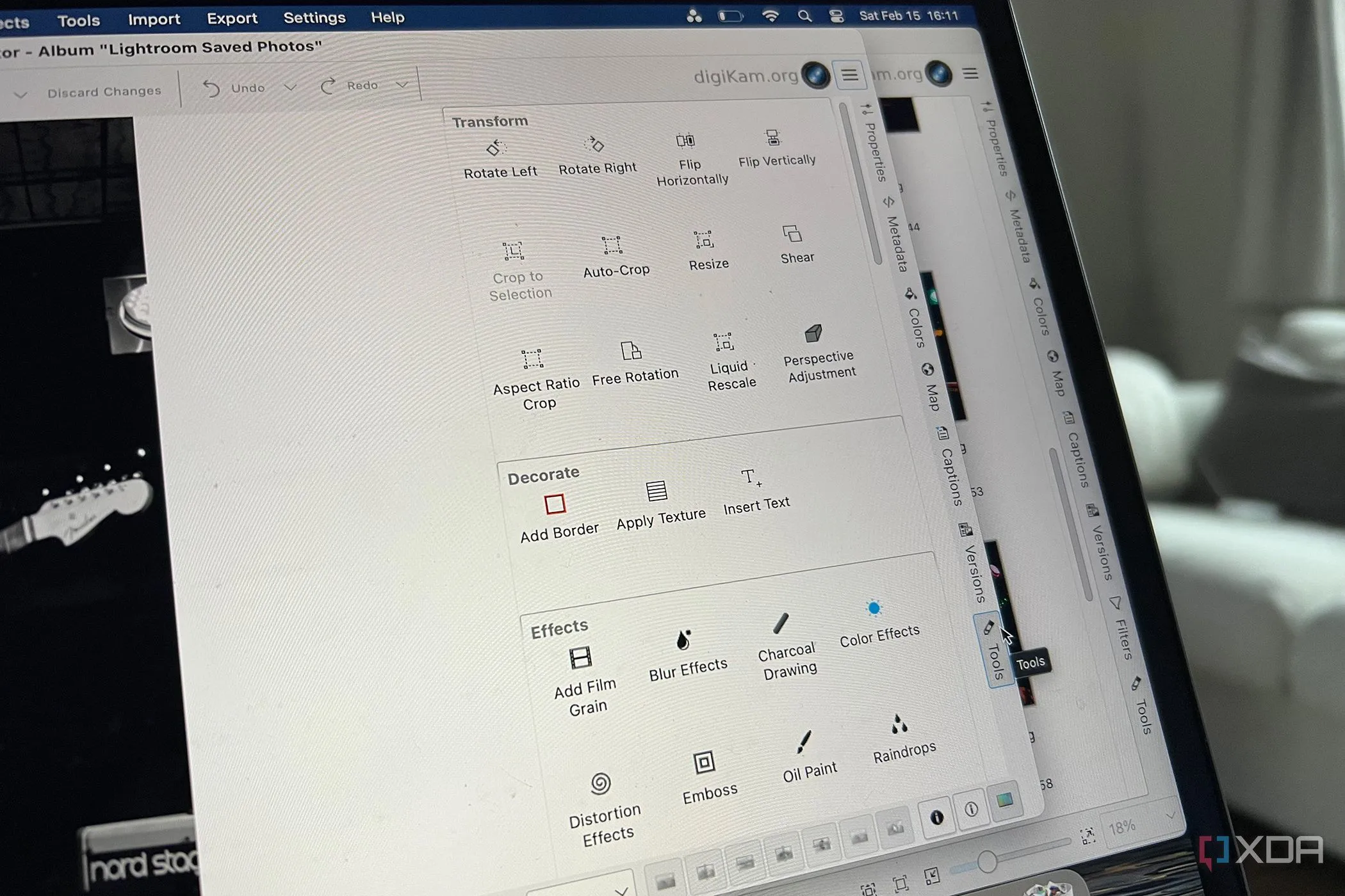 Menu công cụ chỉnh sửa ảnh cơ bản trong DigiKam, bao gồm các tùy chọn điều chỉnh màu sắc và bộ lọc