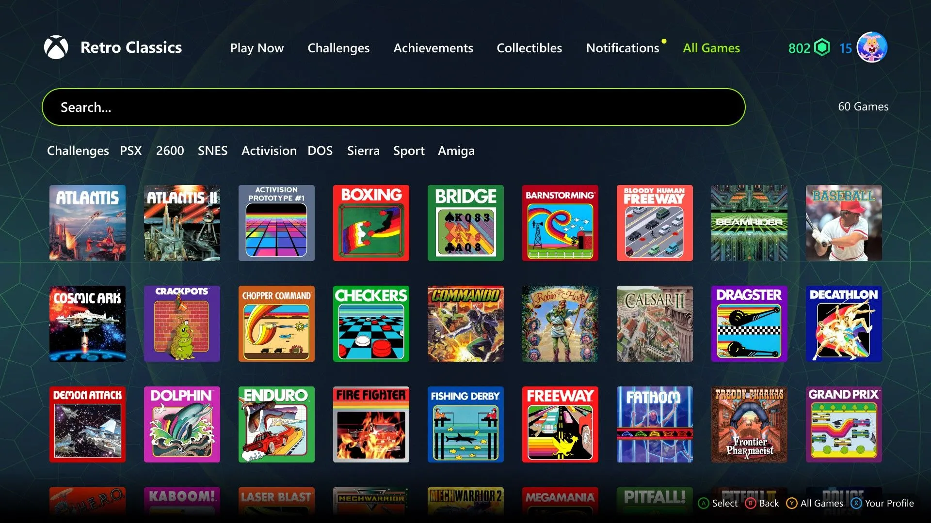 Menu lựa chọn game đa dạng trong bộ sưu tập Retro Classics, hiển thị nhiều tựa game cổ điển