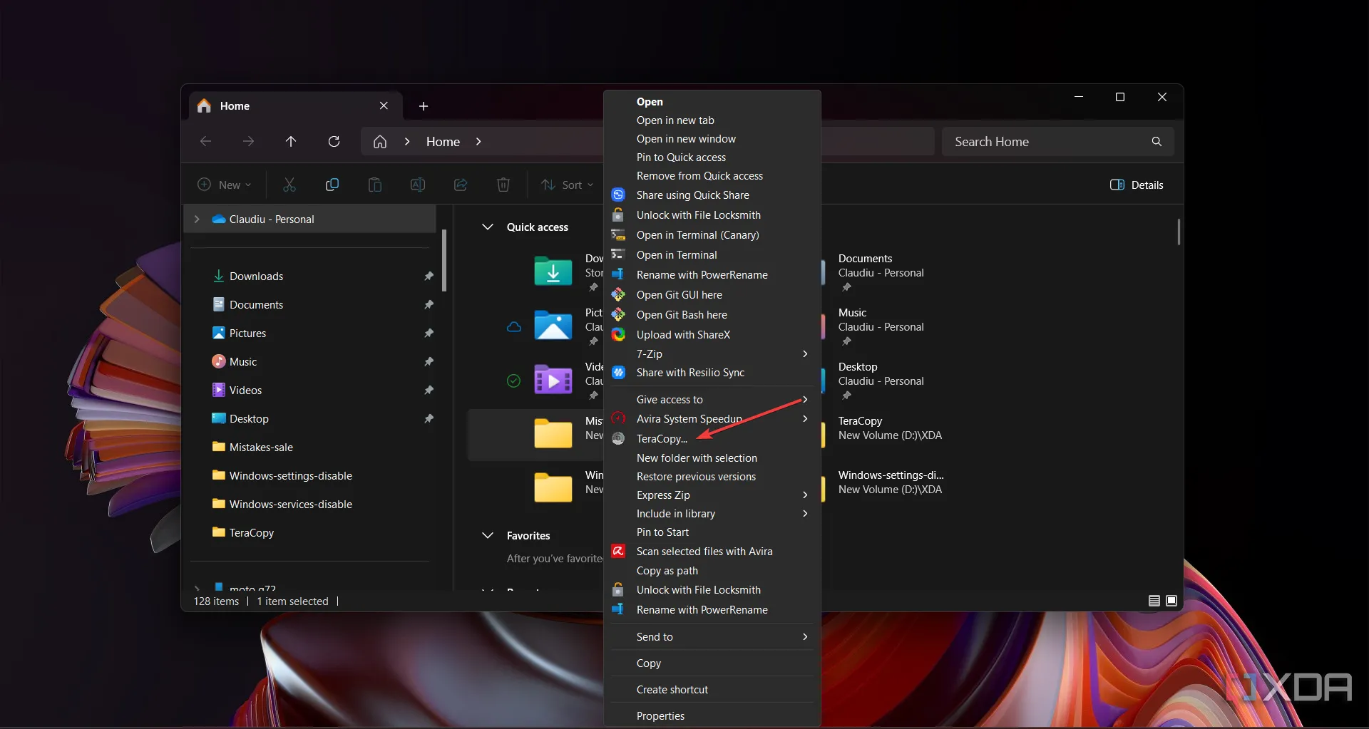 Menu ngữ cảnh chuột phải trong Windows File Explorer hiển thị tùy chọn &quot;TeraCopy&quot;, minh họa tích hợp phần mềm