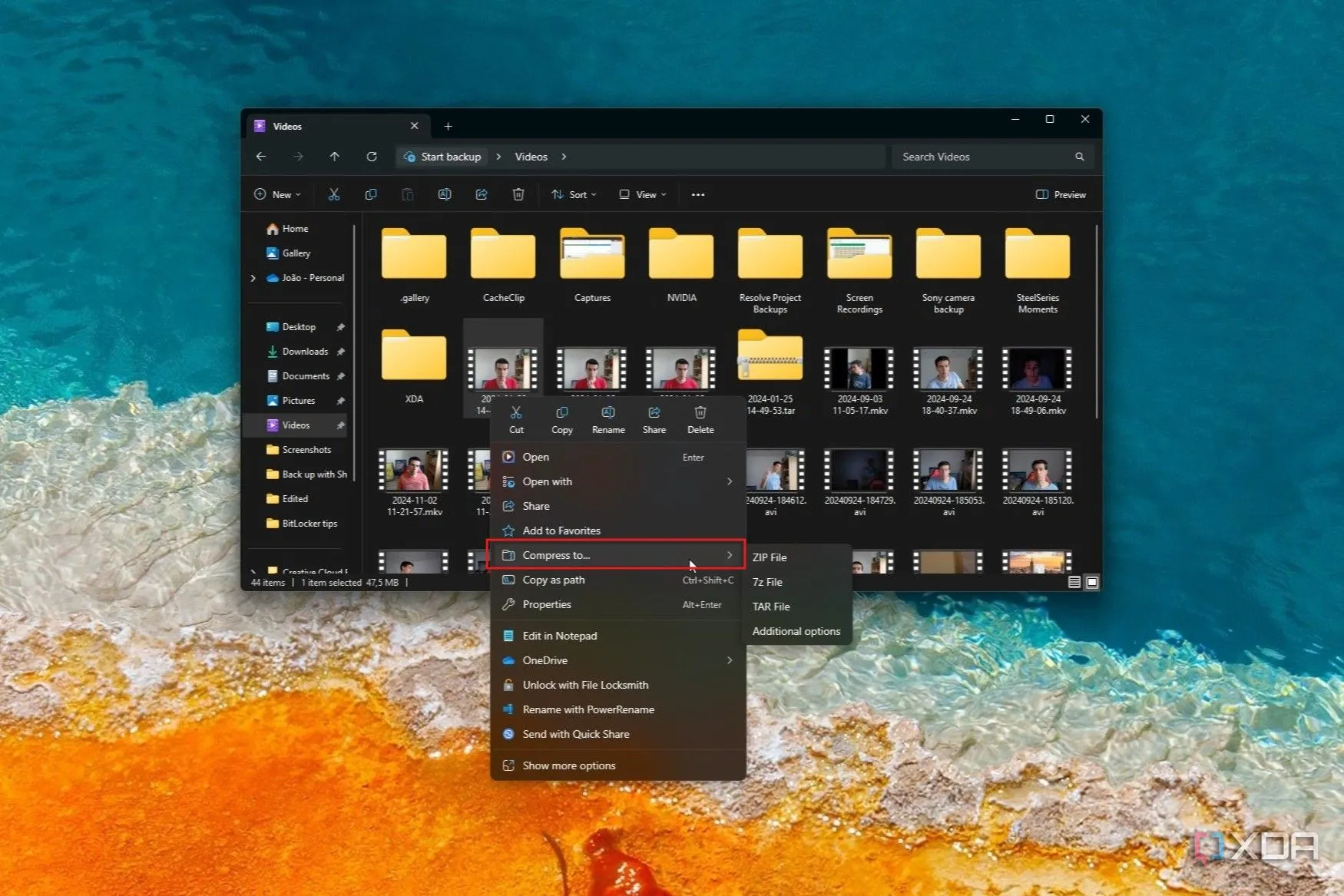 Menu ngữ cảnh của File Explorer với tùy chọn nén được tô sáng